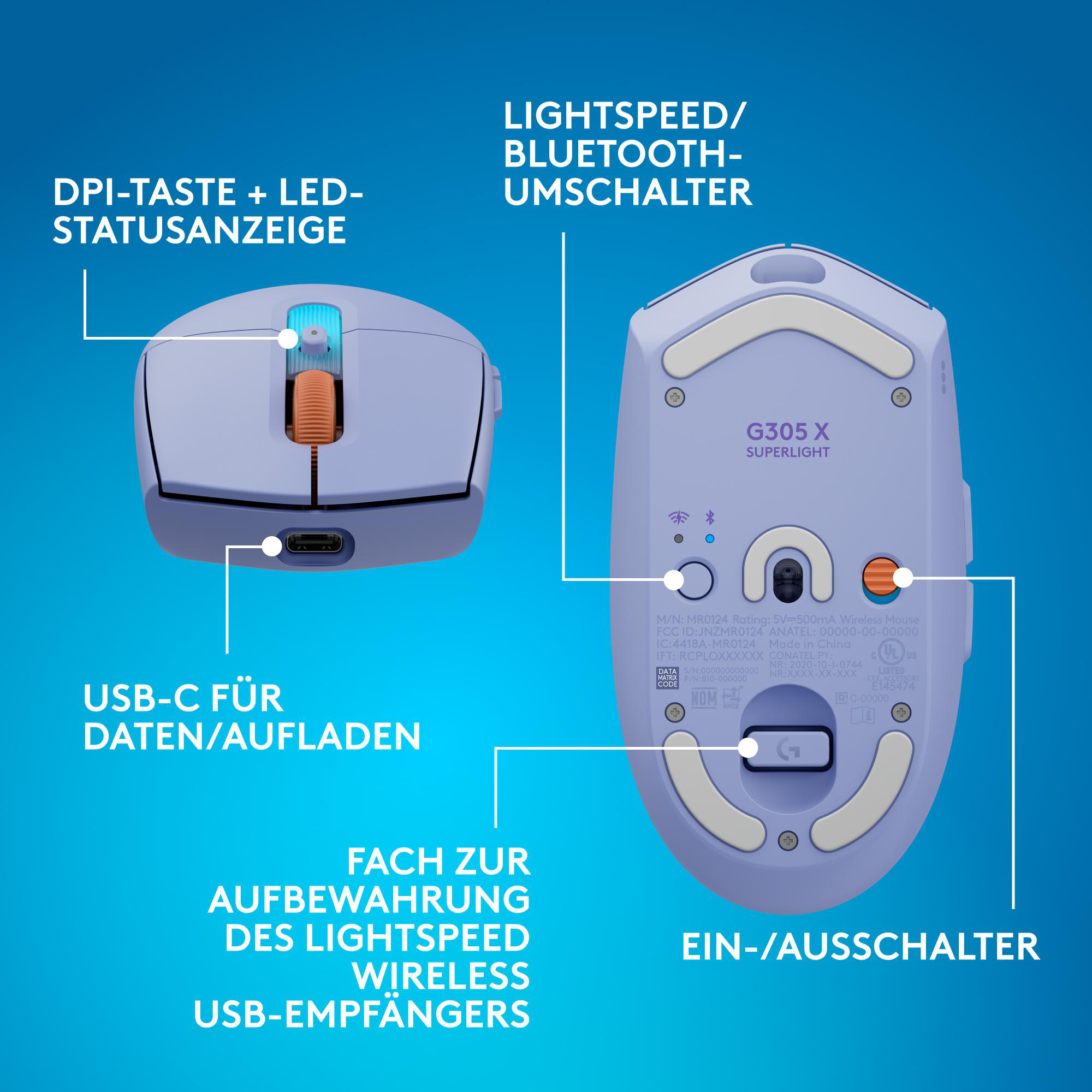 Ober- und Unteransicht einer hellblauen Logitech G305 X Superlight Maus mit deutscher Beschriftung.