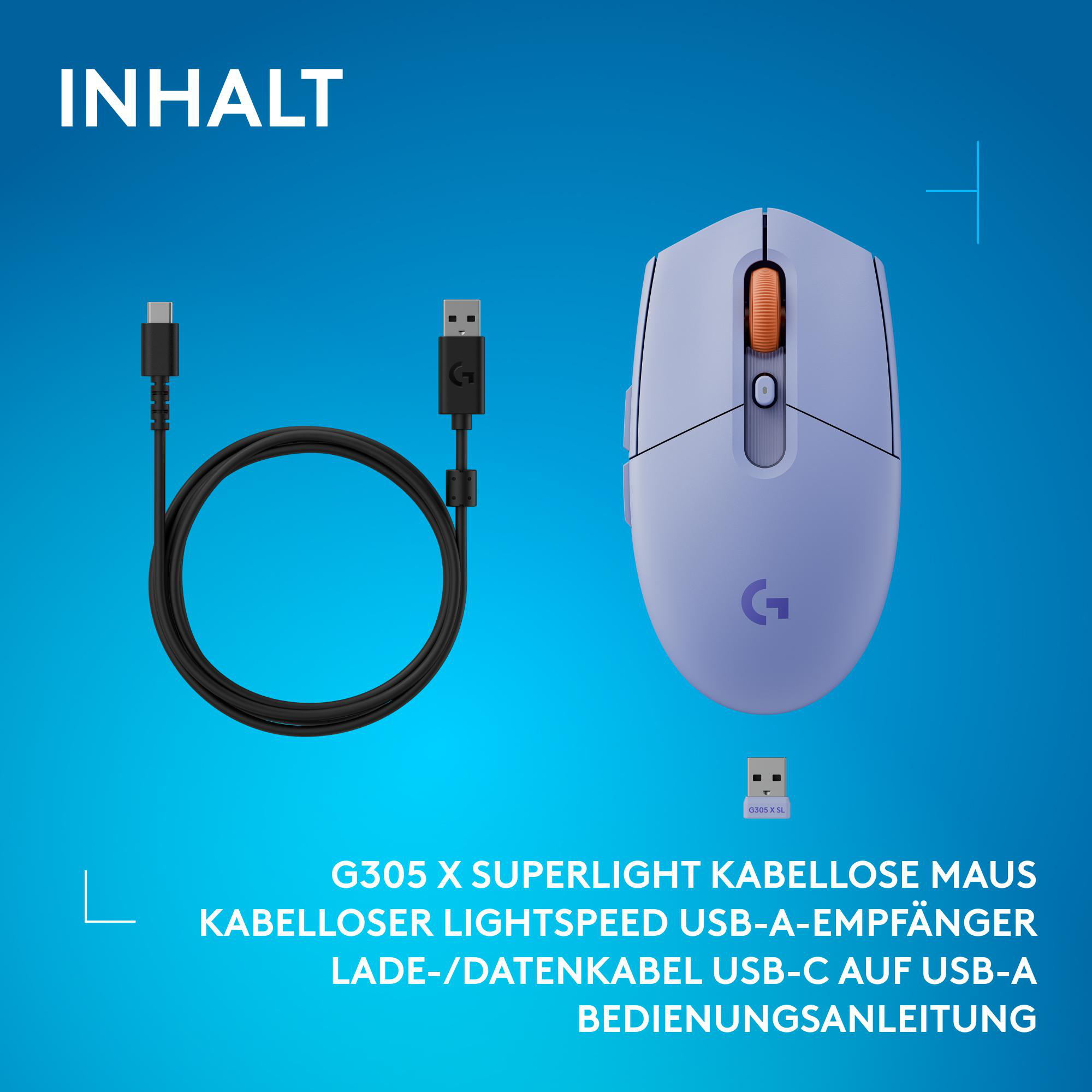 Paketinhalt: Eine blaue G305 X Superlight Maus, ein schwarzes USB-C-Kabel, ein USB-A-Empfänger und Anweisungen.