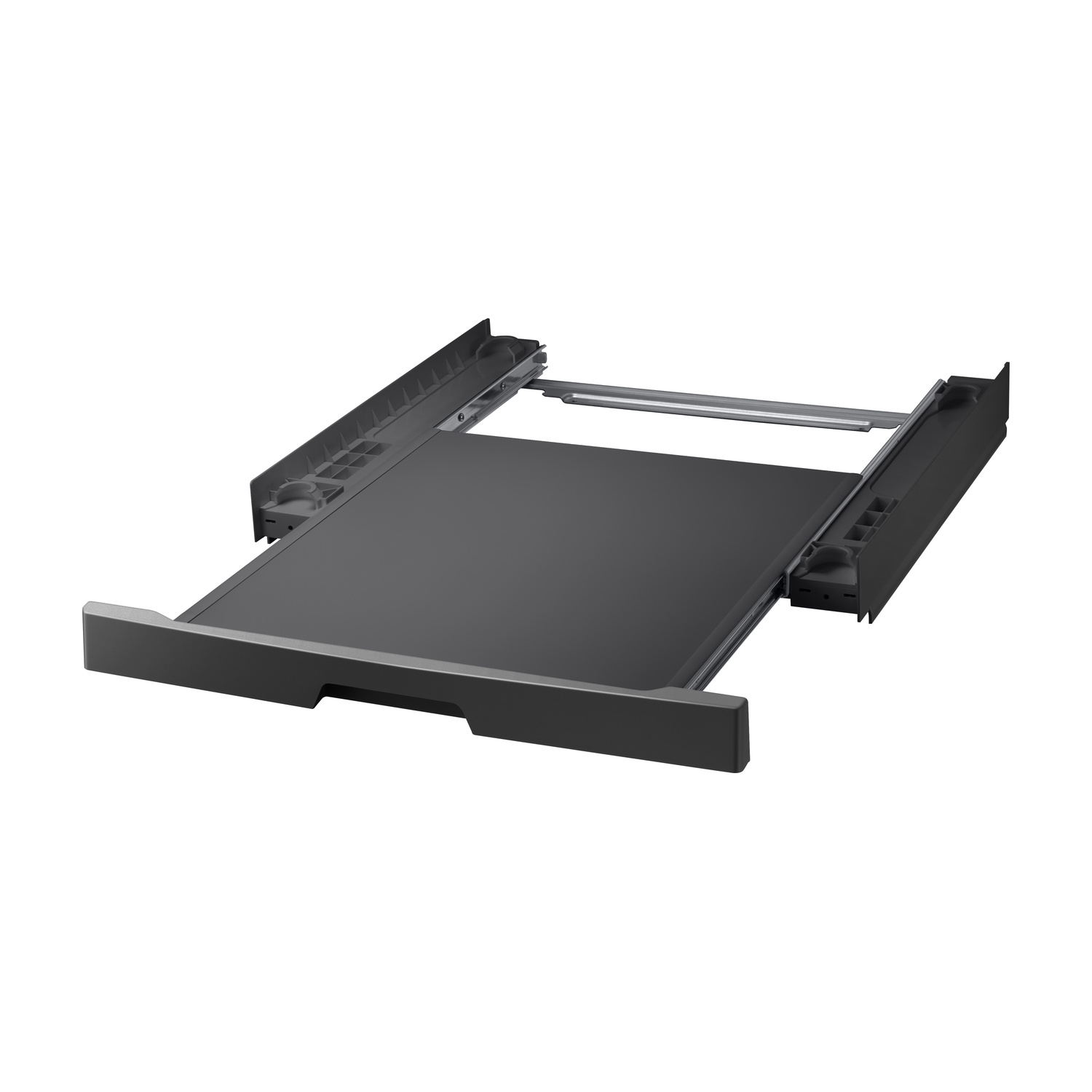 Un meccanismo per cassetto nero con guide scorrevoli e pannello scuro su sfondo bianco.