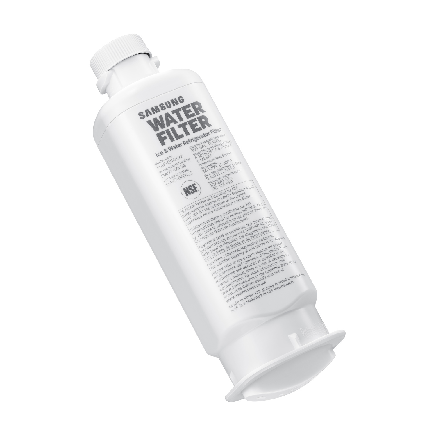 Un filtro dell'acqua per frigorifero Samsung bianco con testo nero e logo NSF su sfondo bianco.