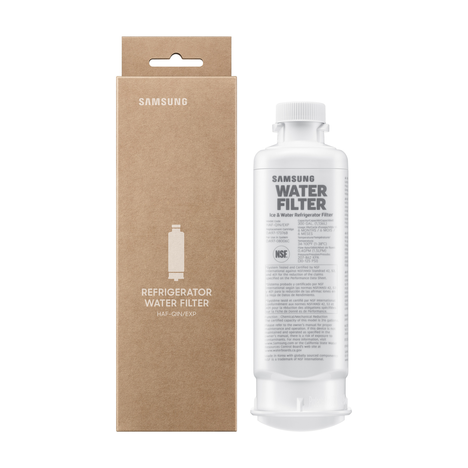 Un filtro dell'acqua per frigorifero Samsung con la sua scatola marrone.