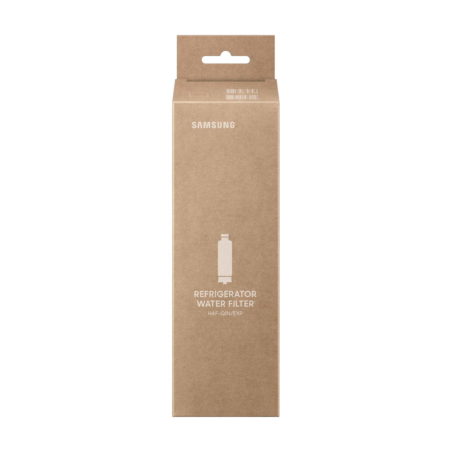Confezione in cartone marrone per un filtro dell'acqua per frigorifero Samsung con stampa bianca.