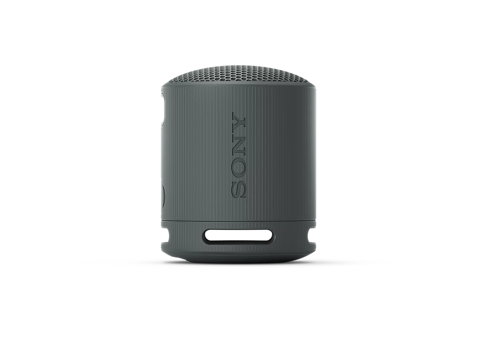 Siyah arka planda dikey çıkıntılı ve Sony logolu gri silindirik bir Sony hoparlör.
