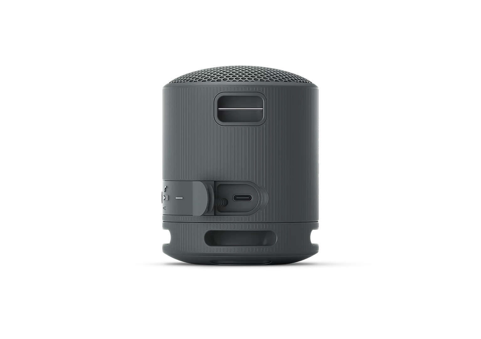 Siyah arka plan üzerinde, görünür USB-C bağlantı noktasına sahip gri silindirik Bluetooth hoparlör.