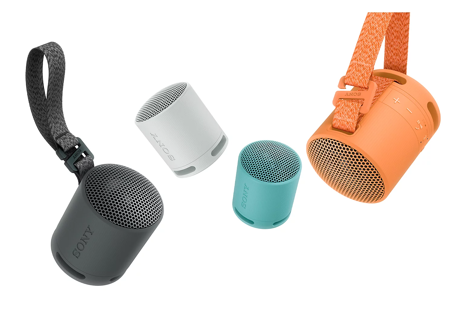 Beyaz arka planda gri, beyaz, turkuaz ve turuncu renklerinde dört renkli taşınabilir Sony Bluetooth hoparlör.
