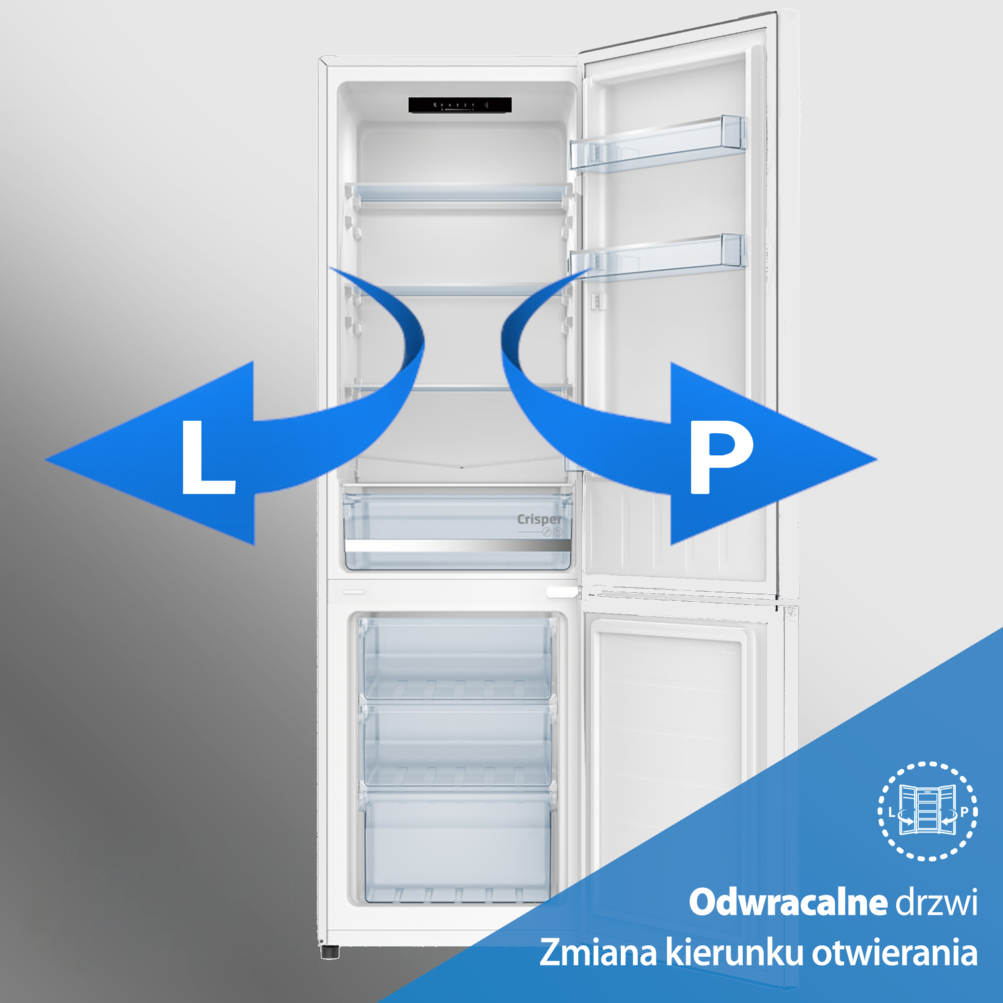 Otwarta biała lodówka z niebieskimi strzałkami i tekstem o zmianie drzwi.