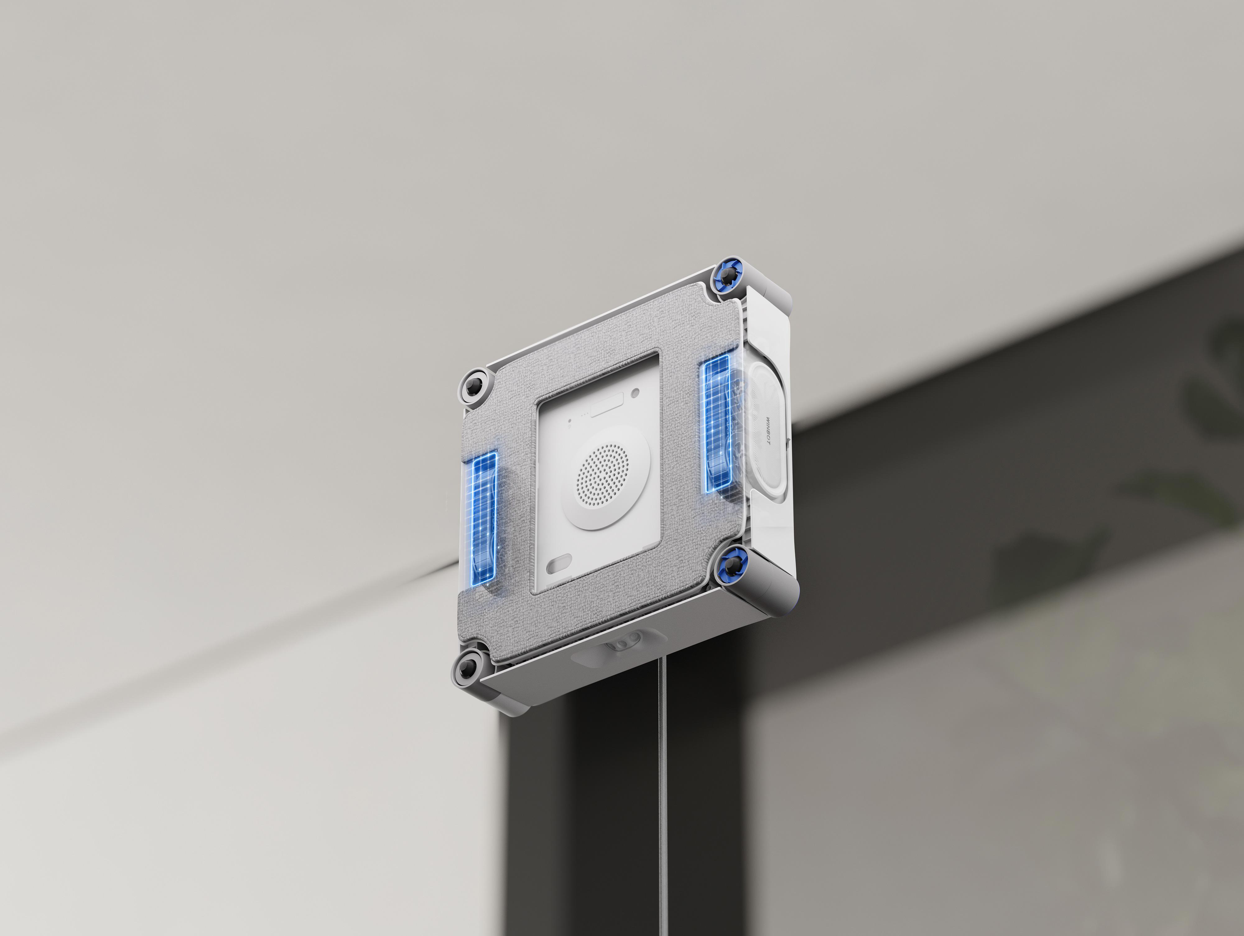 Ein weißer, quadratischer Fensterreinigungsroboter hängt an einer Glastür und zeigt blaue Kontrollleuchten.