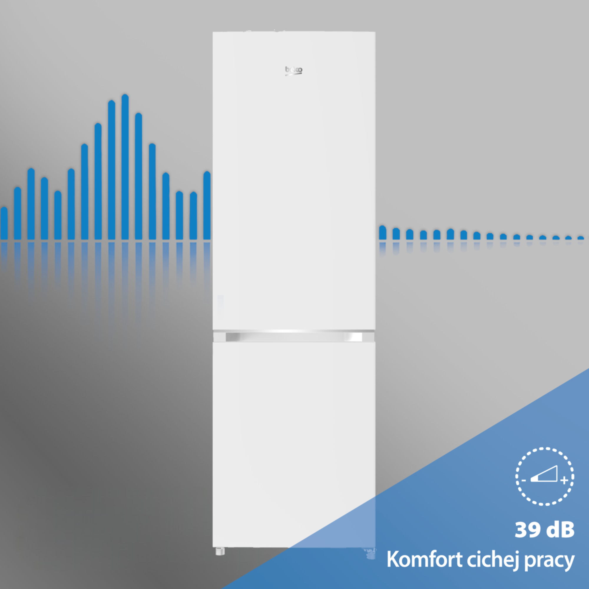 Biała lodówka Beko z niebieskimi falami dźwiękowymi w tle i napisem 39 dB.