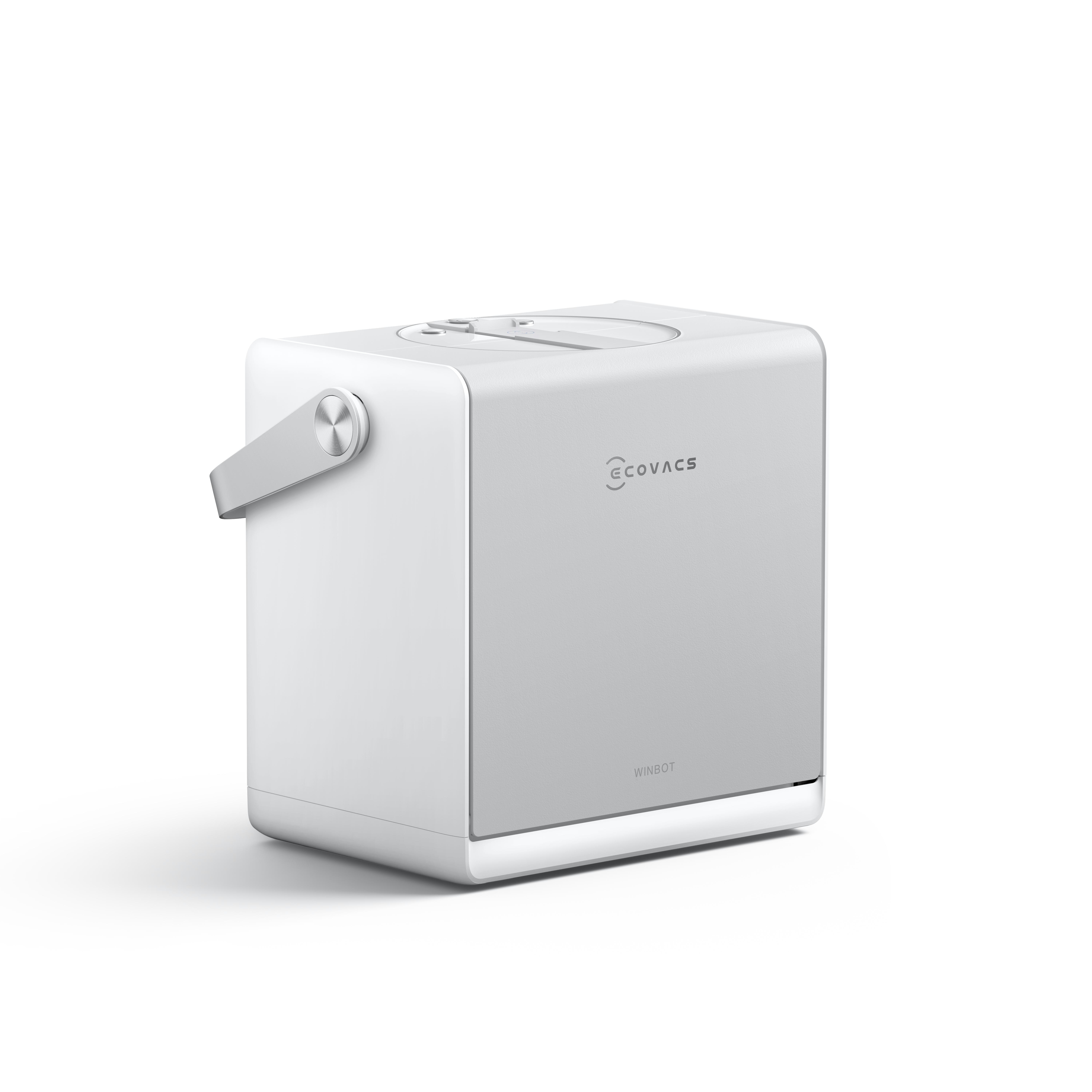 Ein weißes, rechteckiges Ecovacs Winbot-Gerät mit Seitengriff auf weißem Hintergrund.
