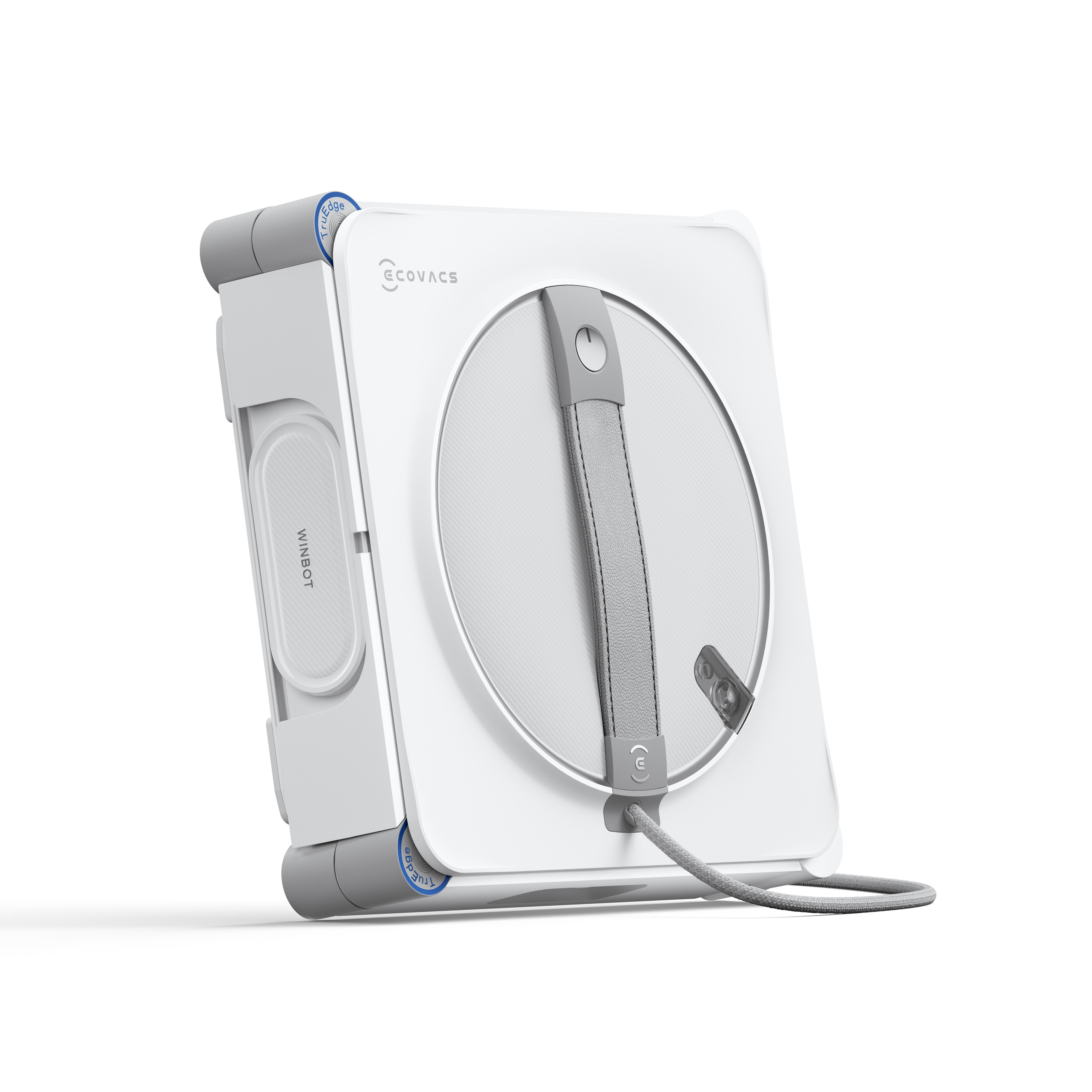 Ein weiß-grauer Ecovacs Winbot Fensterputzroboter mit Tragegurt und Stromkabel vor weißem Hintergrund.