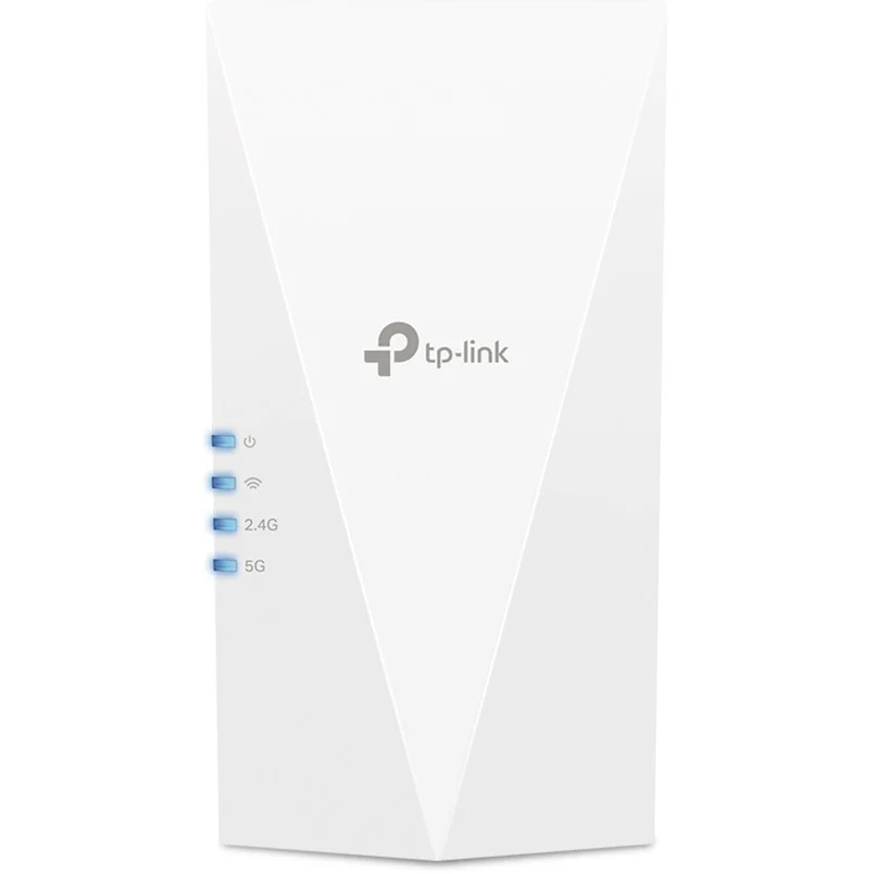 Un extensor de Wi-Fi TP-Link blanco con cuatro LED de estado azules brillantes a la izquierda y un logotipo gris.
