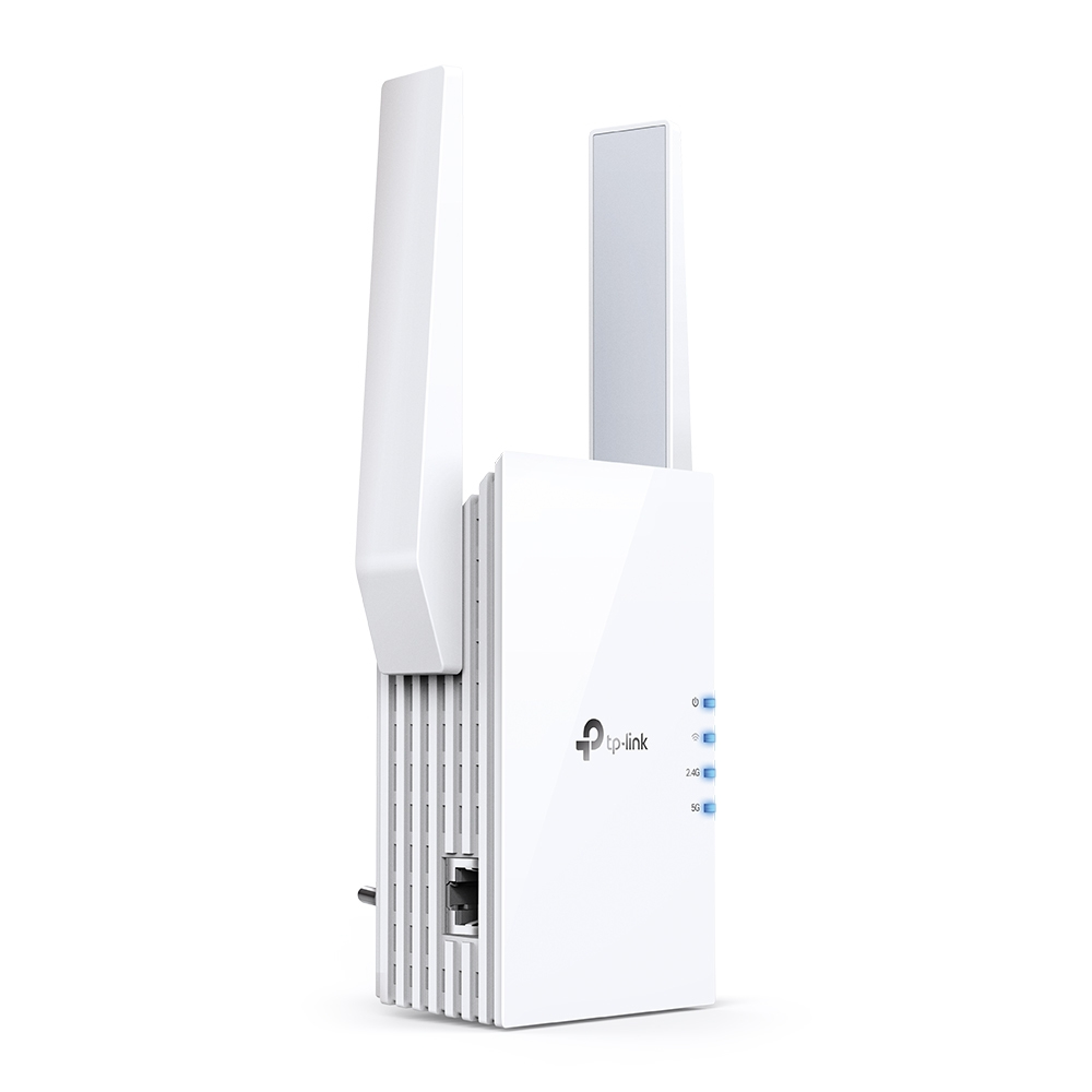 Un extensor de alcance Wi-Fi TP-Link blanco con dos antenas e indicadores LED azules sobre fondo blanco.