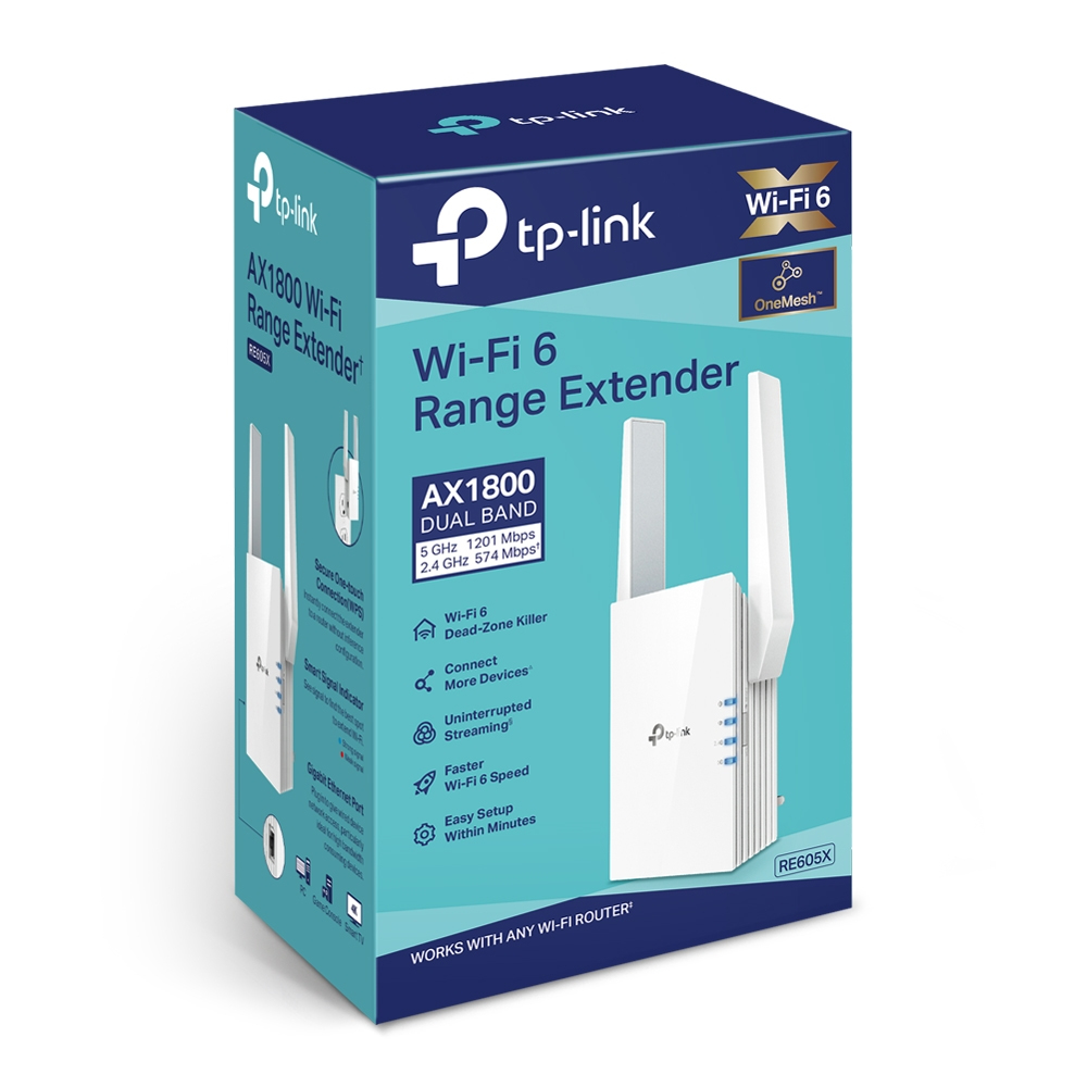 Empaque de producto de un extensor de rango TP-Link Wi-Fi 6 en azul y turquesa con imagen del dispositivo.