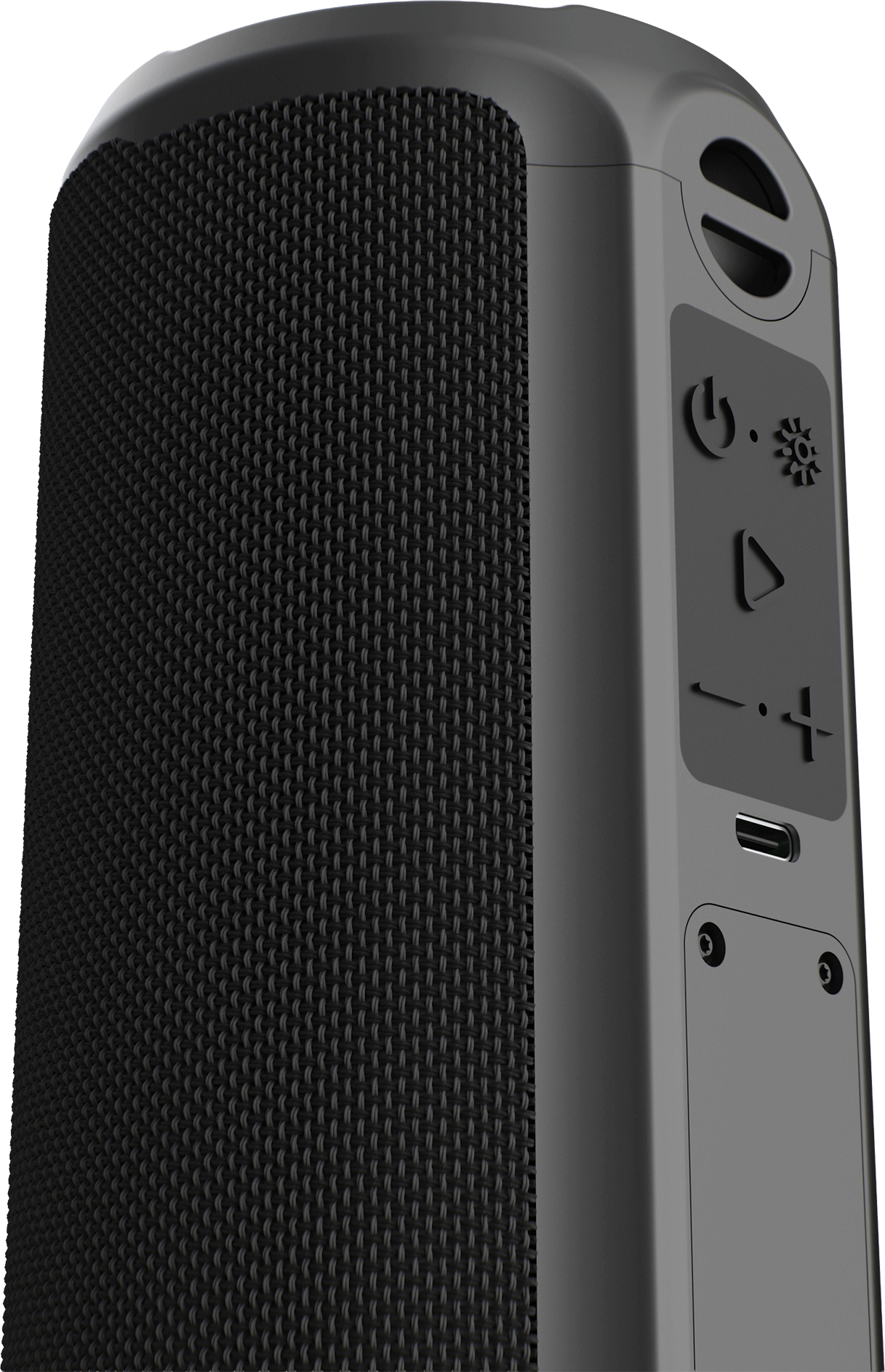 Un altavoz inalambrico negro con malla de tela y panel de control.
