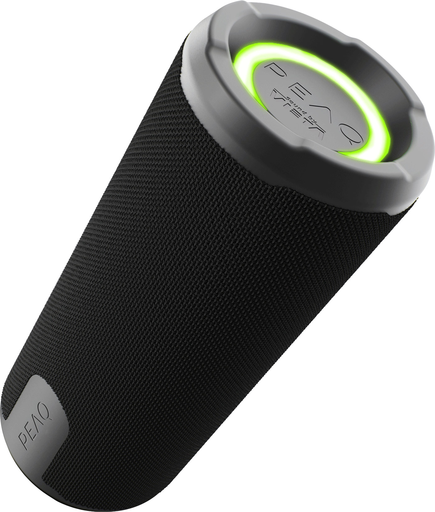 Un altavoz Bluetooth PEAQ negro cilíndrico con un anillo verde brillante en la parte superior.