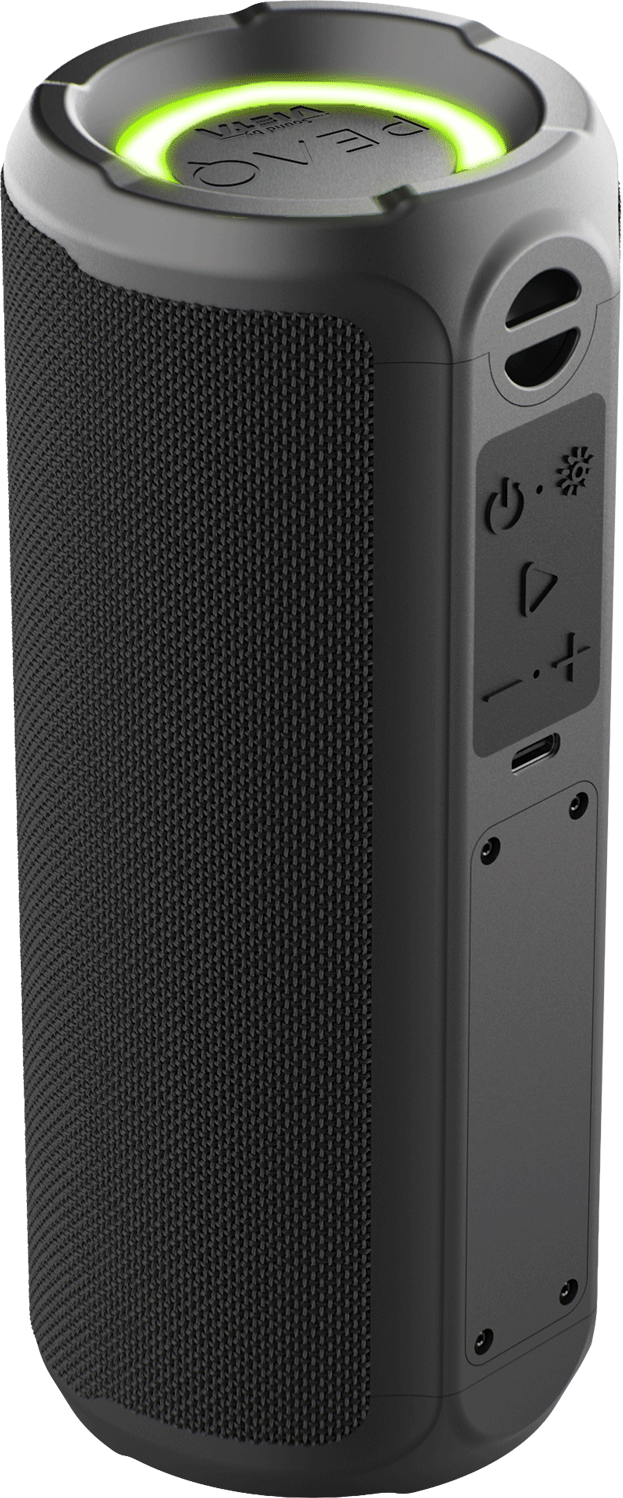 Altavoz Bluetooth negro con anillo de luz verde arriba y botones de control en el lateral.