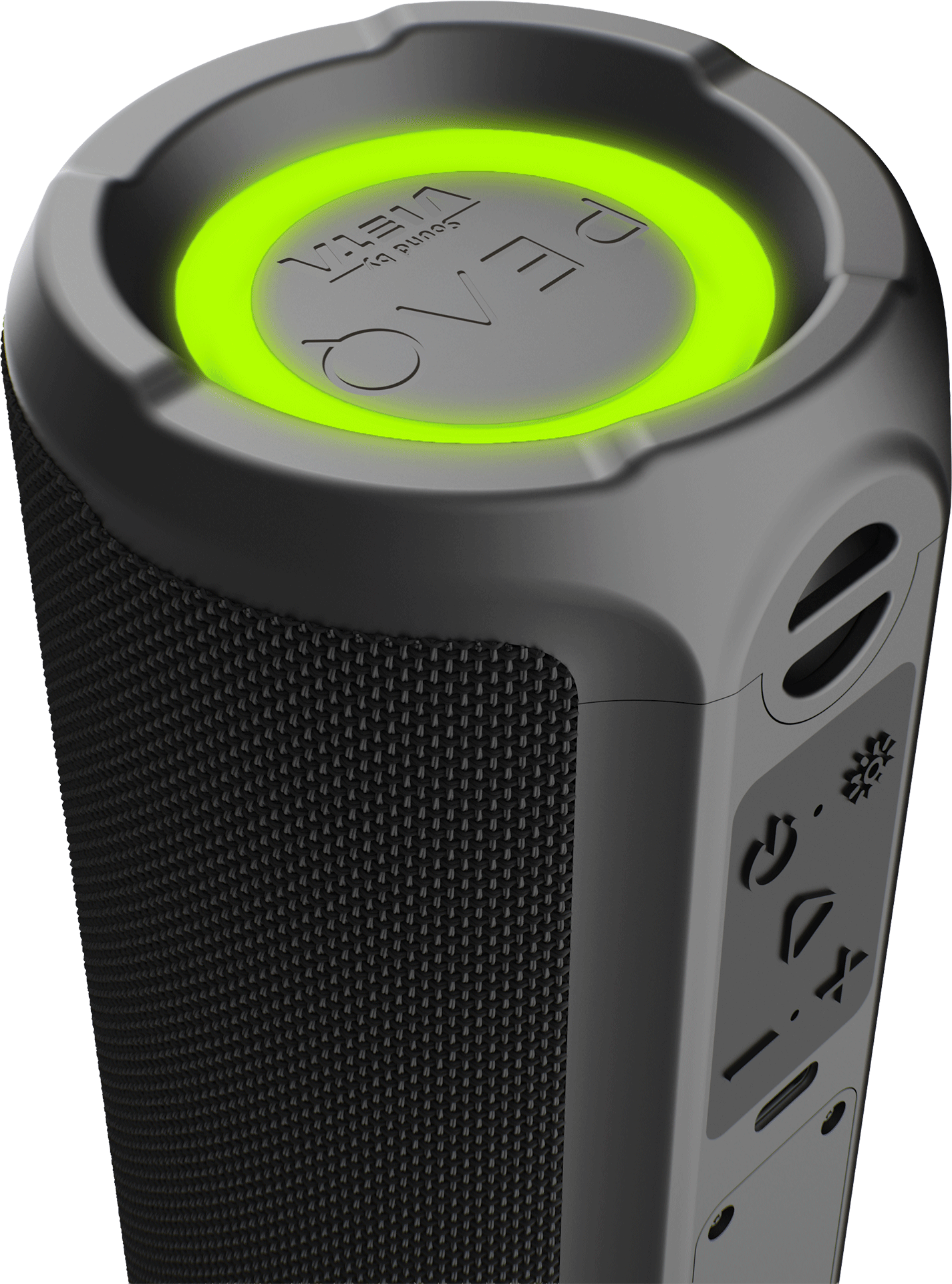 Un altavoz Bluetooth cilíndrico negro con luz de anillo verde brillante y botones de control en el lateral.