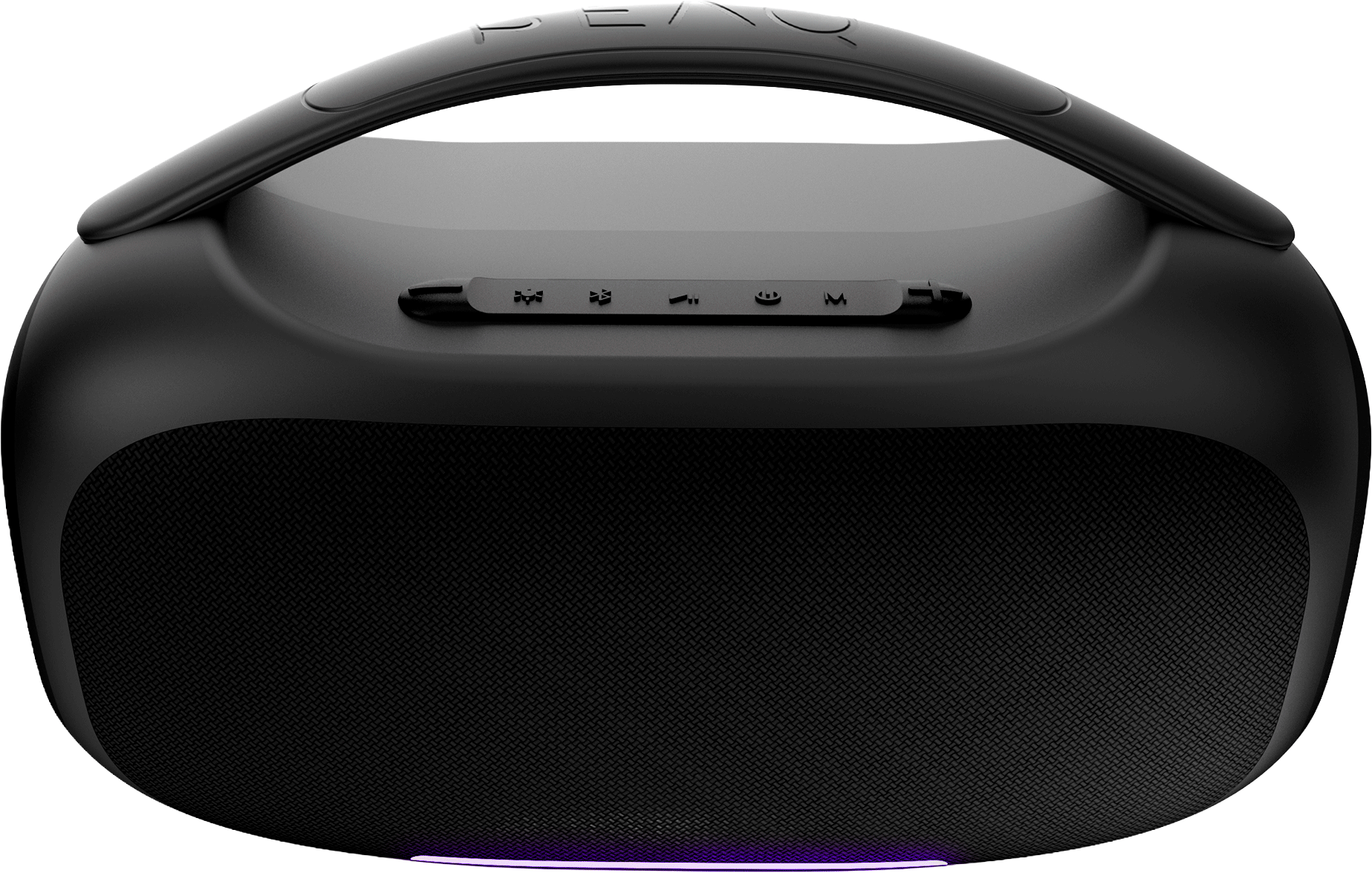Altavoz Bluetooth portátil negro con asa y botones de control superiores.