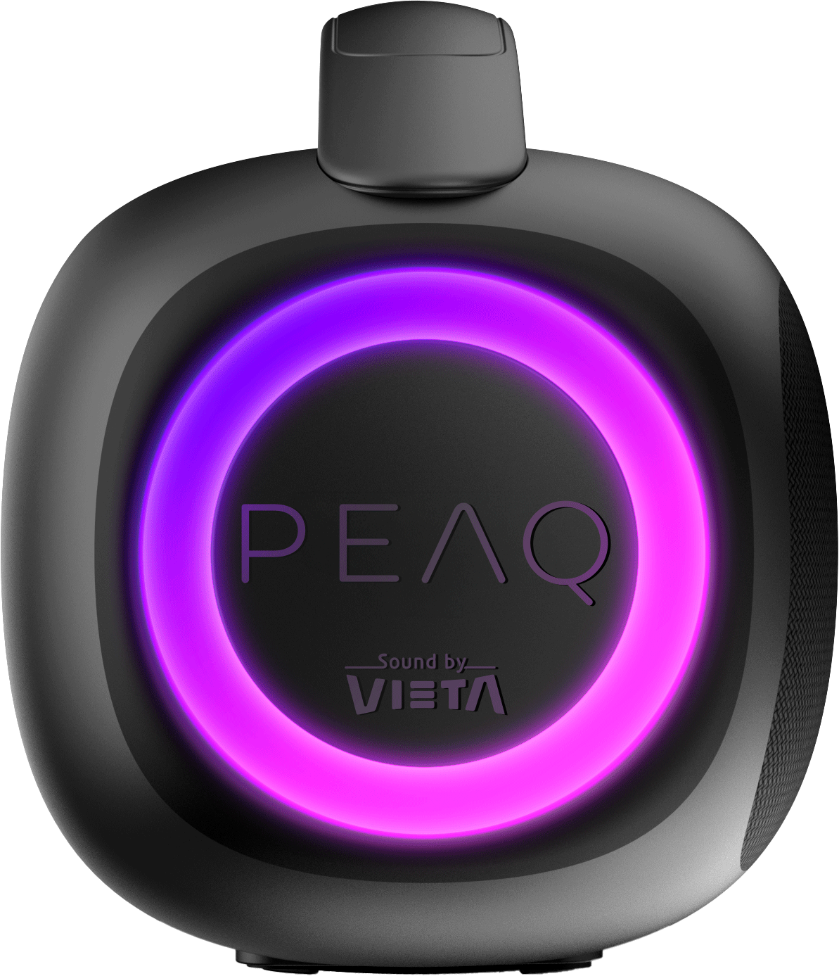 Un altavoz inalambrico negro con una luz anular purpura brillante y el nombre de la marca en el centro.