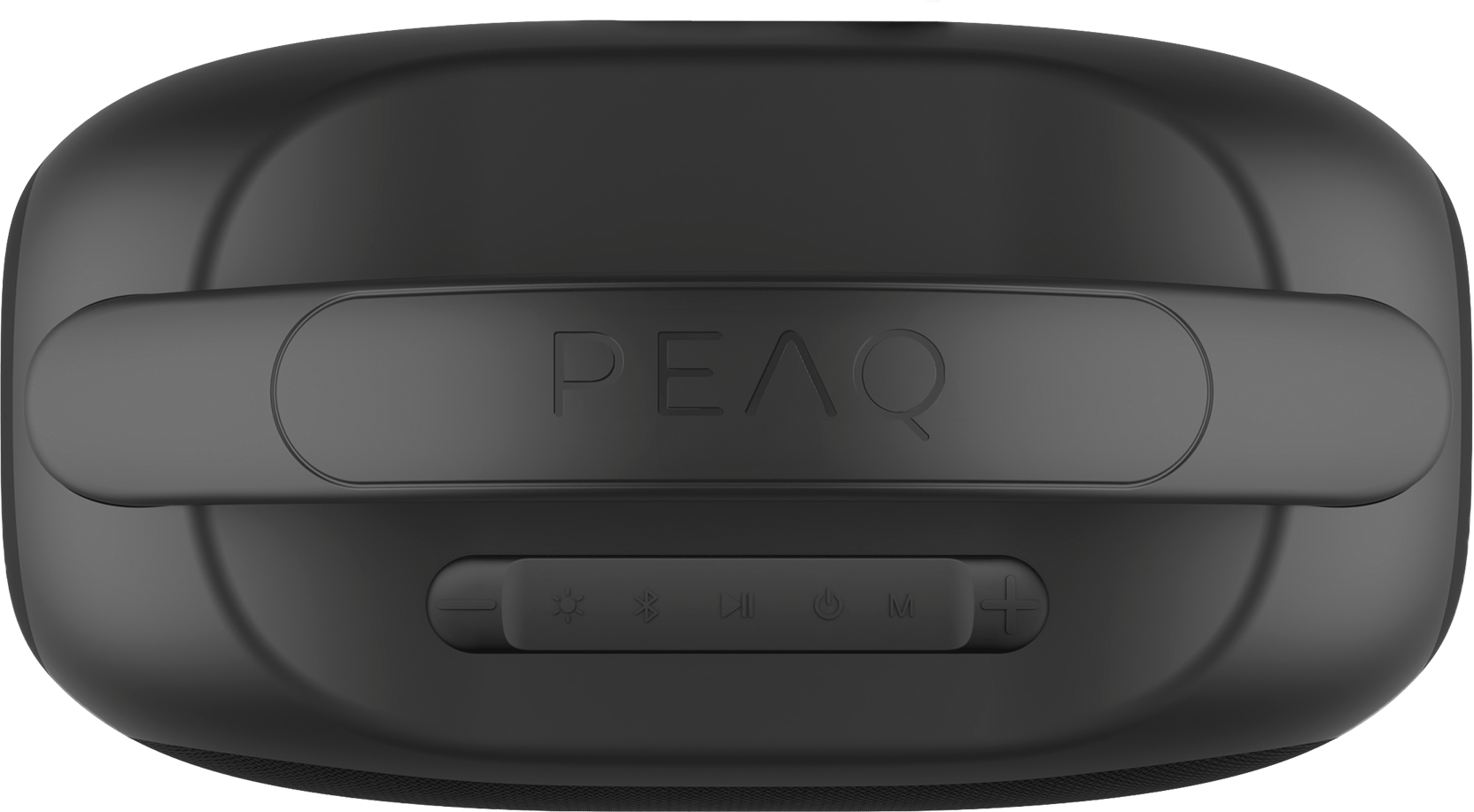 Un altavoz Bluetooth PEAQ negro visto desde arriba, con asa y botones de control sobre un fondo oscuro.