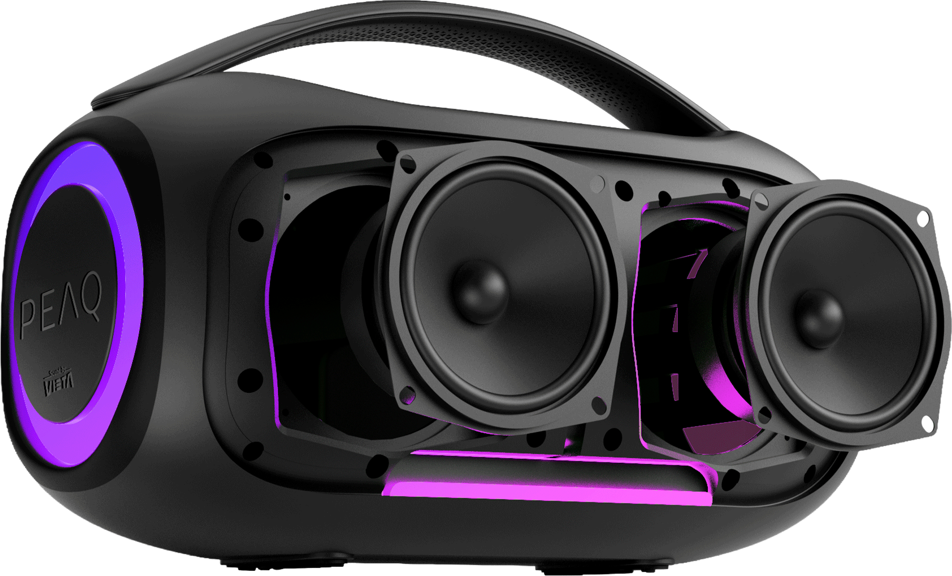 Altavoz Bluetooth negro con dos unidades de altavoz internas visibles e iluminación LED púrpura.