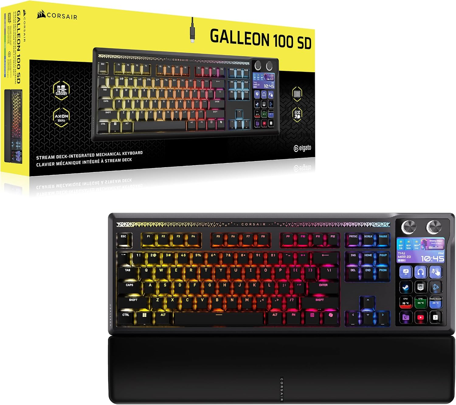 Teclado mecánico Corsair Galleon 100 SD con Stream Deck integrado y embalaje amarillo.