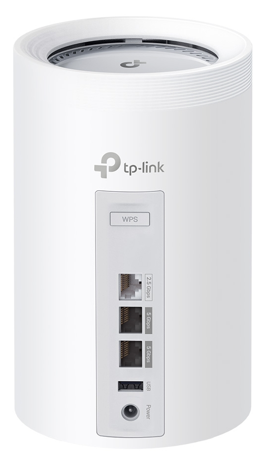 Un enrutador inalámbrico TP-Link cilíndrico blanco con puertos ethernet y toma de corriente.