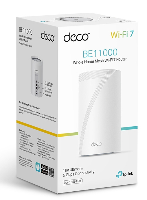 Embalaje de un router Wi-Fi 7 Mesh TP-Link Deco BE11000 blanco, con imágenes del producto.