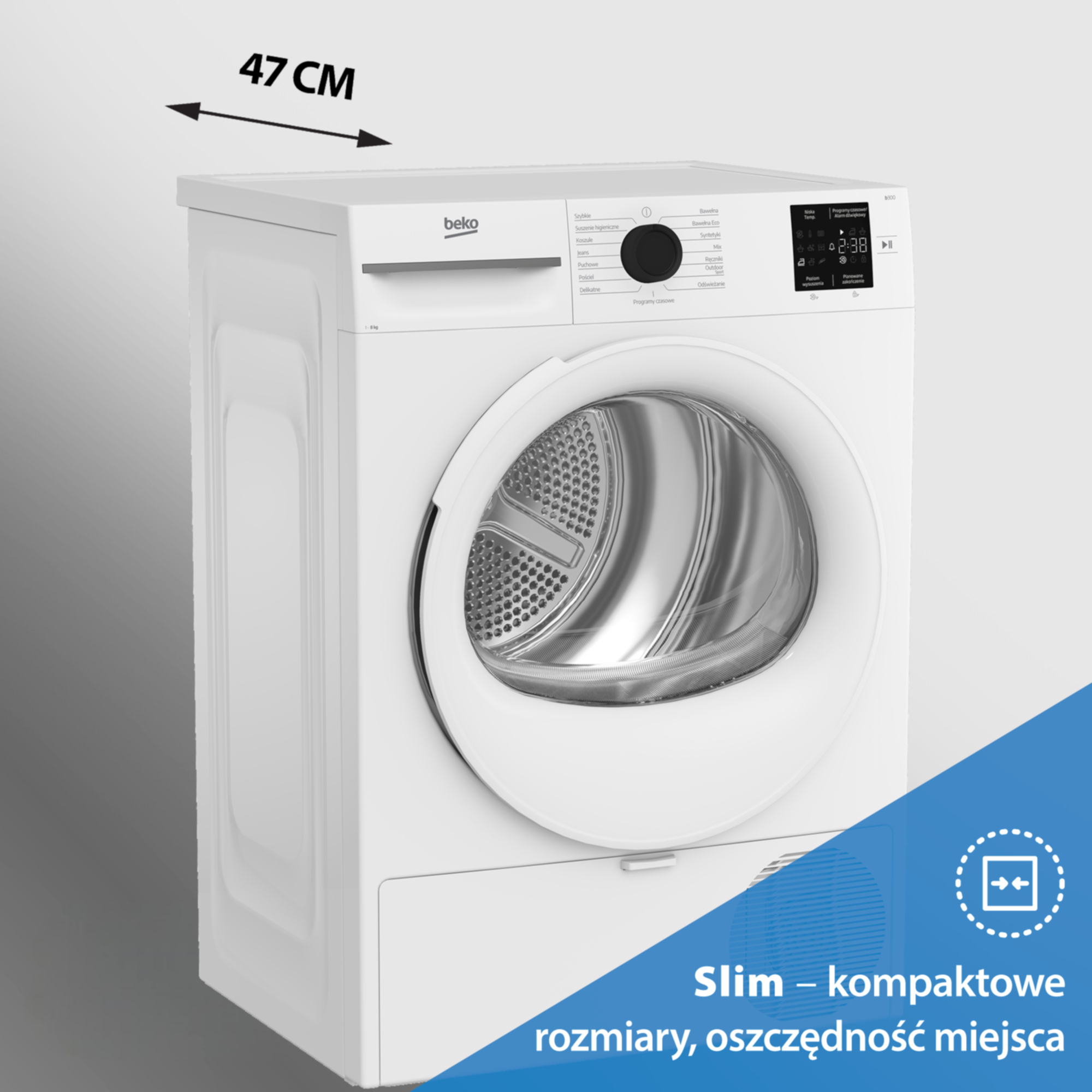 Biała suszarka Beko o głębokości 47 cm i kompaktowej konstrukcji na szarym tle.