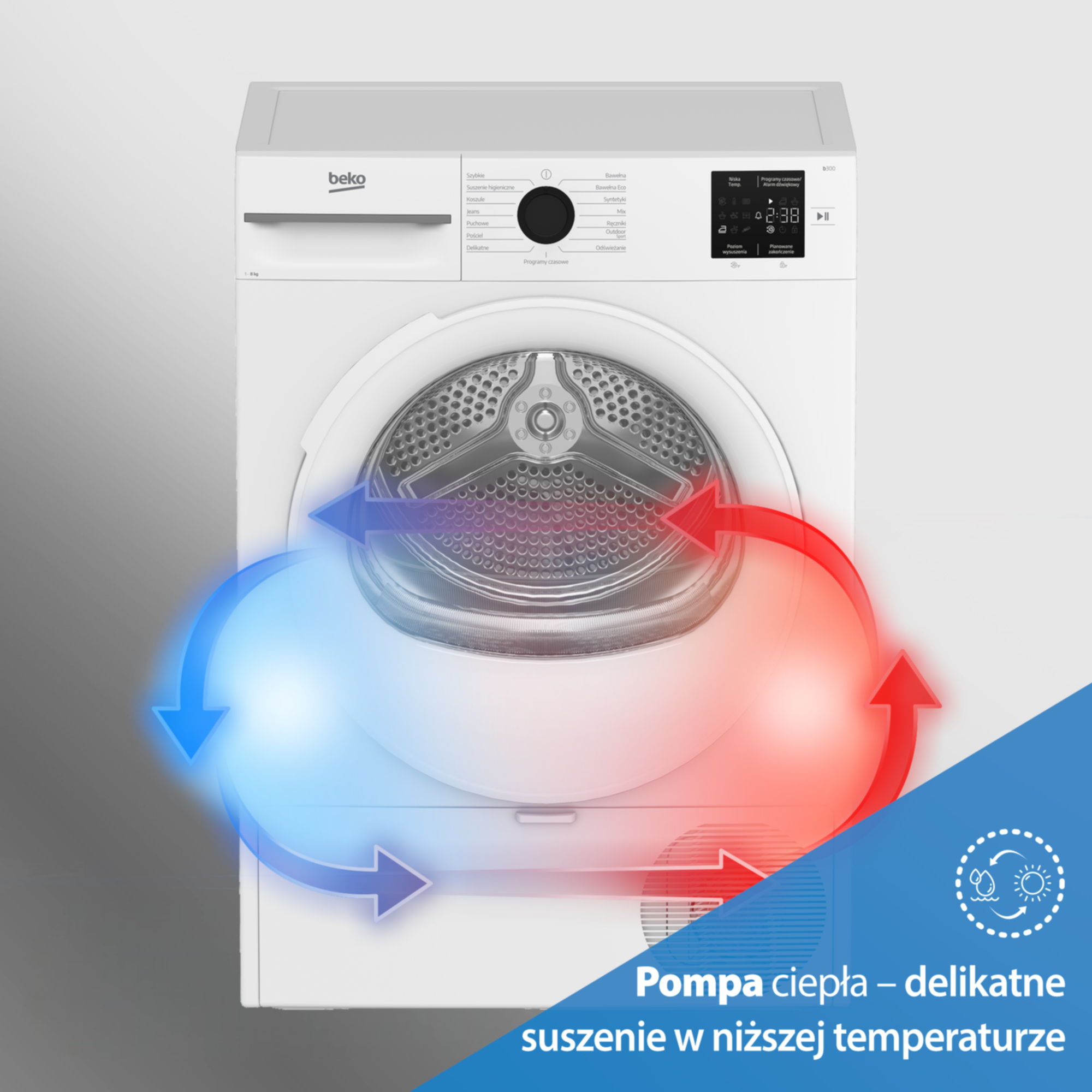 Biała suszarka Beko z czerwonymi i niebieskimi strzałkami przepływu powietrza dla pompy ciepła.