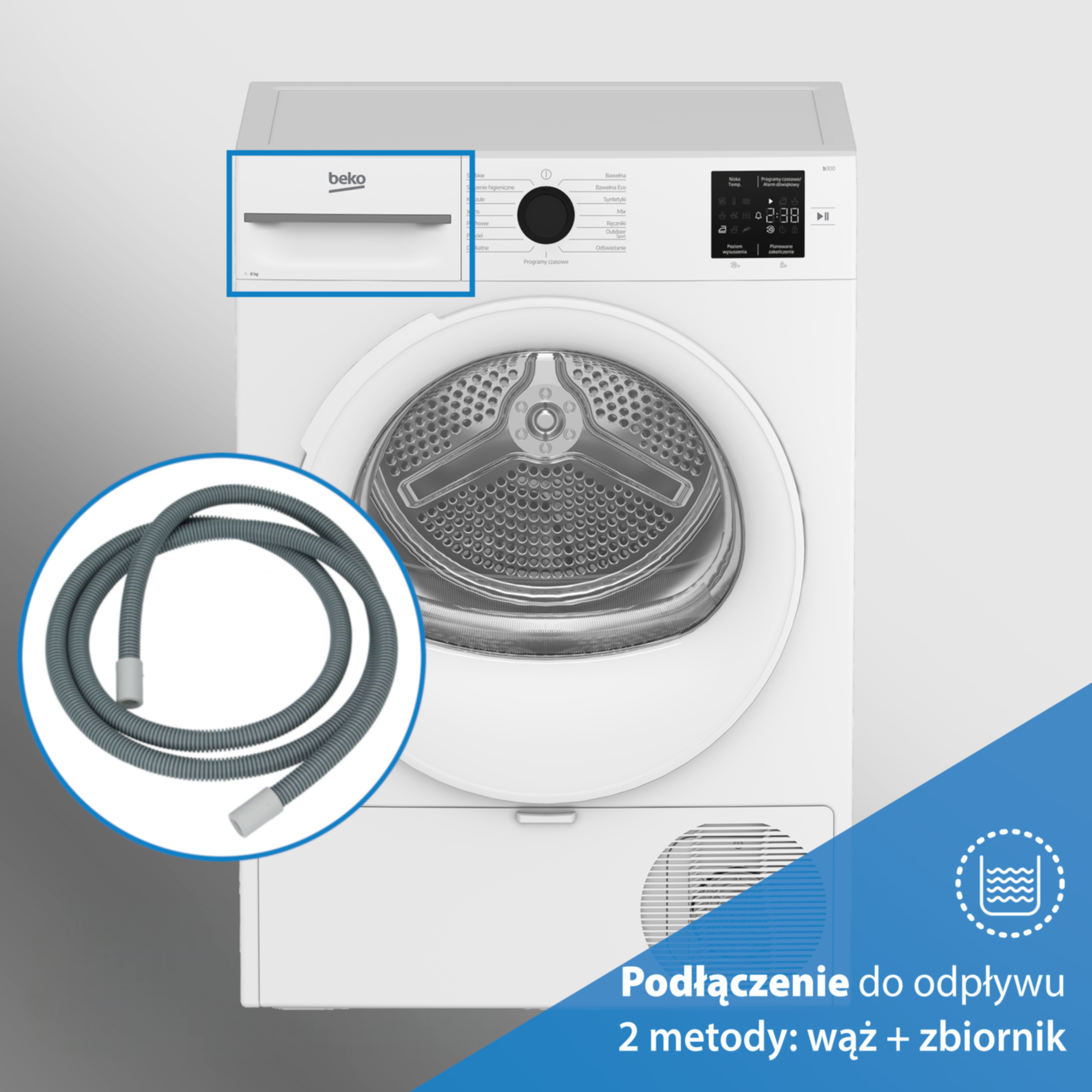 Biała suszarka Beko z szarym wężem odpływowym w okręgu po lewej stronie.