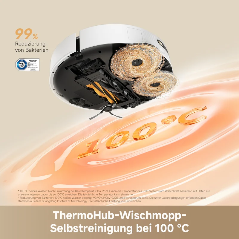 Robotporszívó alulról, forgó felmosókkal, 100°C-os víz textúra felett és szöveggel. TÜV logó.