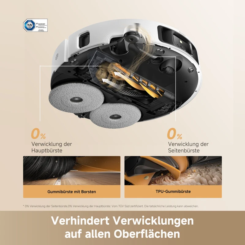 Robotporszívó alulról, forgó felmosópárnákkal és kefékkel, diagram elemekkel ábrázolva.