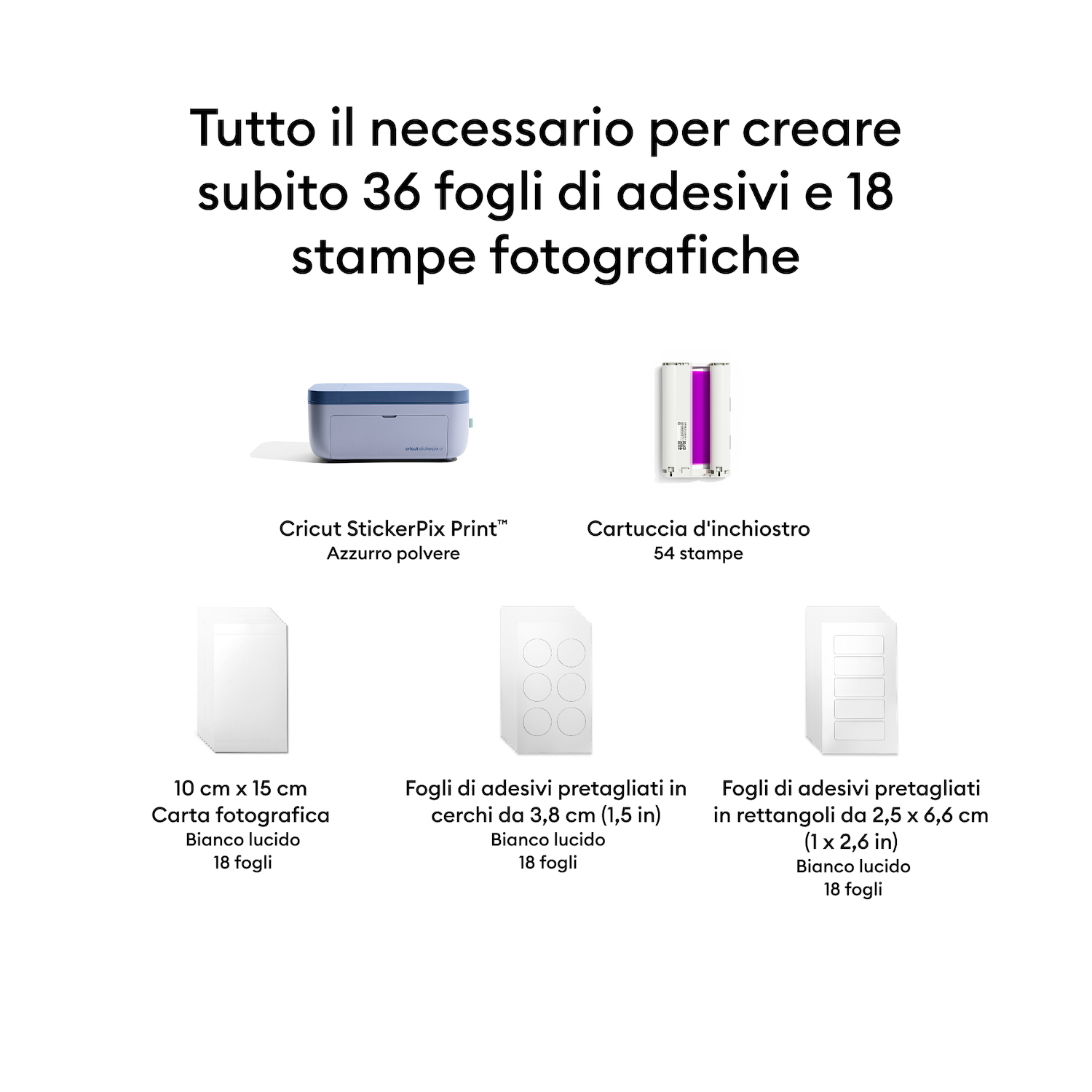 Kit con stampante Cricut, cartuccia d'inchiostro, carta fotografica e fogli di adesivi.