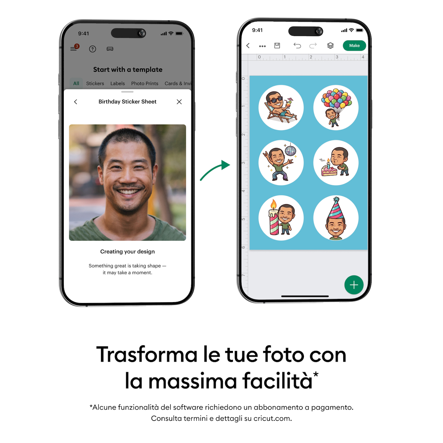 Due smartphone mostrano la trasformazione di una foto in adesivi.