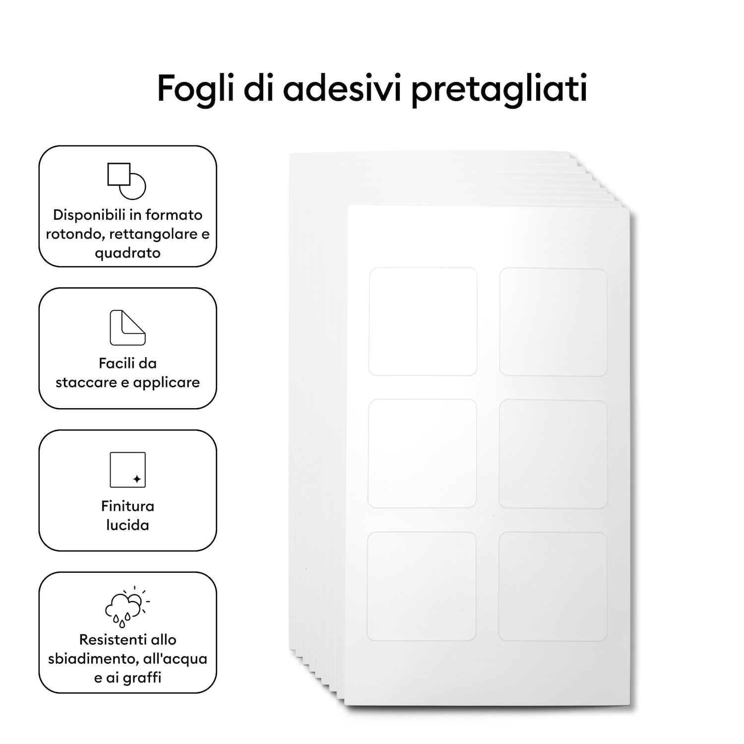 Fogli di adesivi pretagliati con finitura lucida, facili da staccare, resistenti ad acqua e graffi.