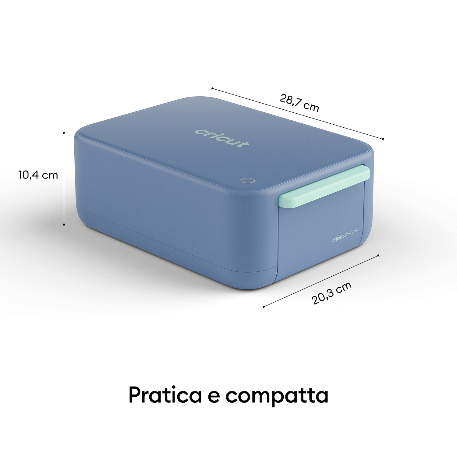 Macchina Cricut blu con dimensioni di 28,7x20,3x10,4 cm.
