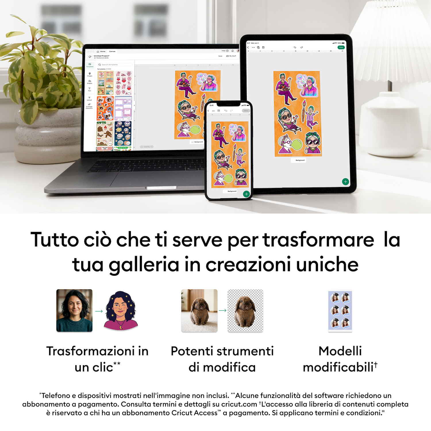 Un laptop, un tablet e uno smartphone mostrano un software di design, con piante e una lampada.
