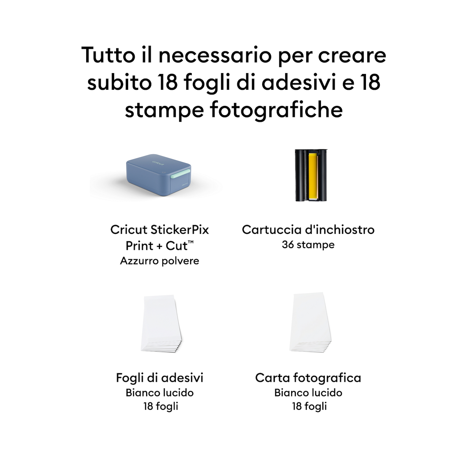 Tutto per 18 adesivi e 18 foto: Cricut StickerPix, cartuccia d'inchiostro, fogli adesivi e carta fotografica.