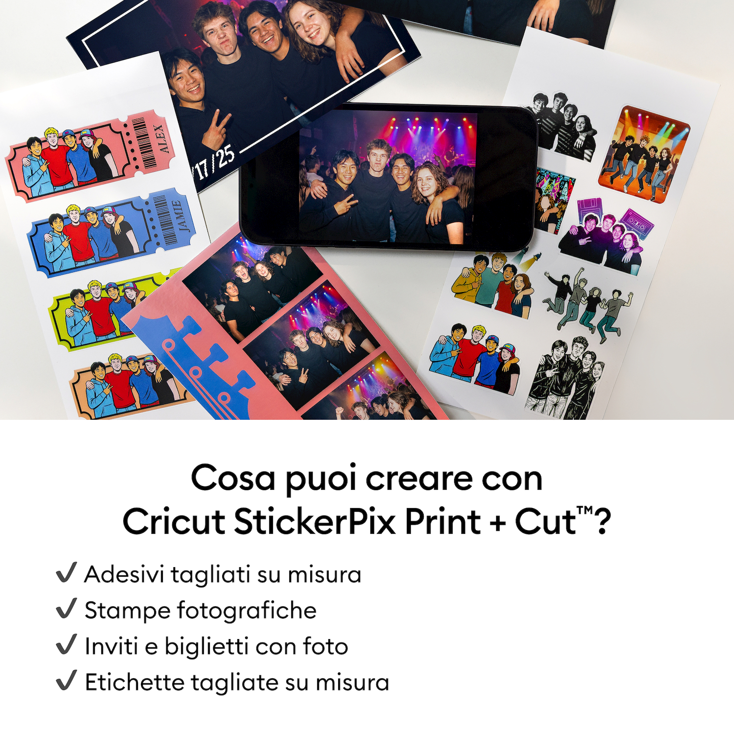 Foto e adesivi di quattro amici su una superficie bianca con testo Cricut StickerPix.