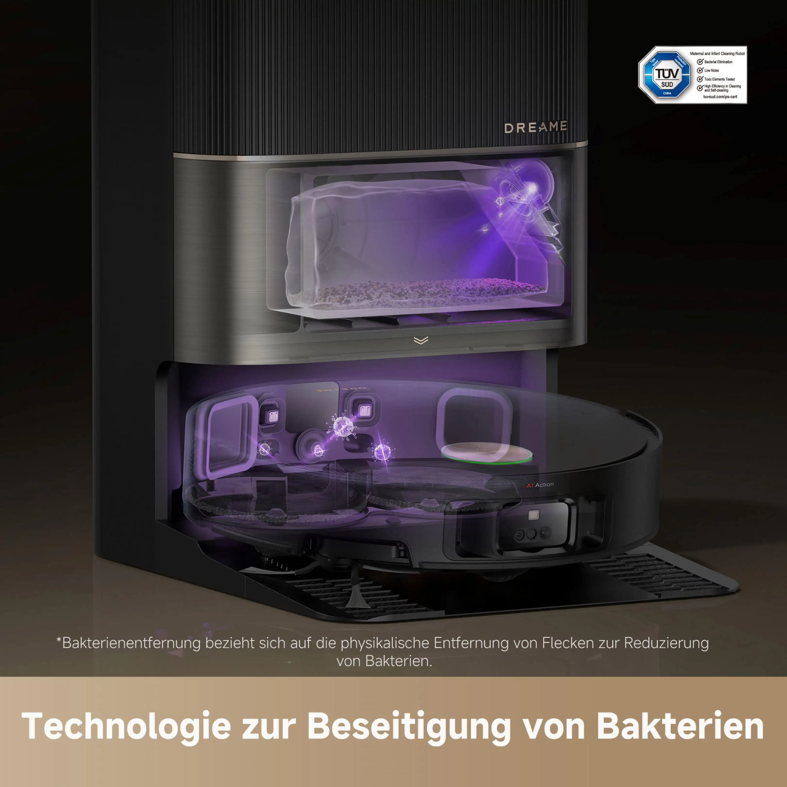 Dreame robotporszívó dokkolóban UV-fényes sterilizálási technológiával.