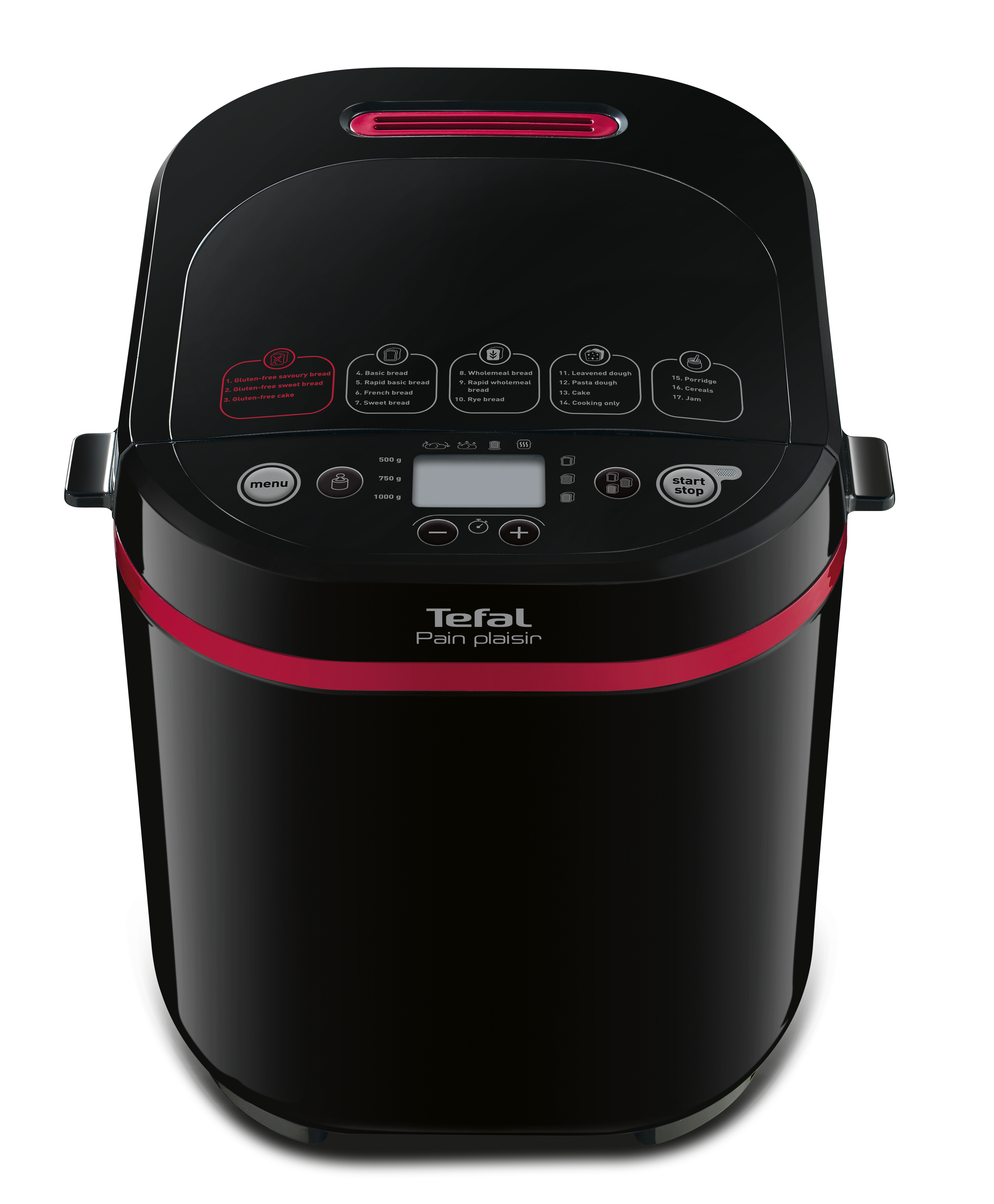 Fekete Tefal Pain Plaisir kenyérsütő digitális kijelzővel, vezérlőgombokkal és piros díszítéssel.
