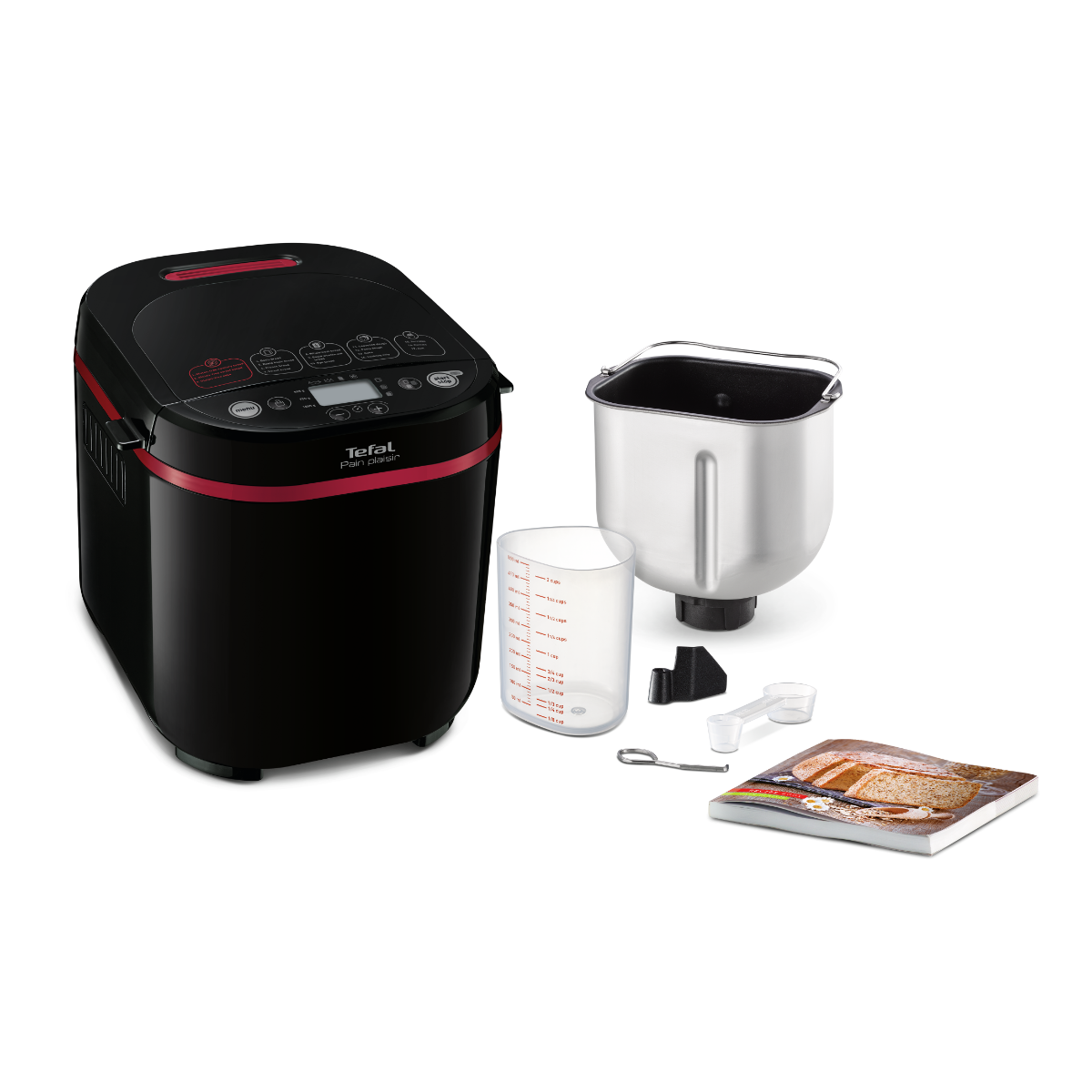 Fekete Tefal kenyérsütő tartozékokkal: sütőforma, mérőpohár, kanál, kampó, keverőlapát és egy receptkönyv.