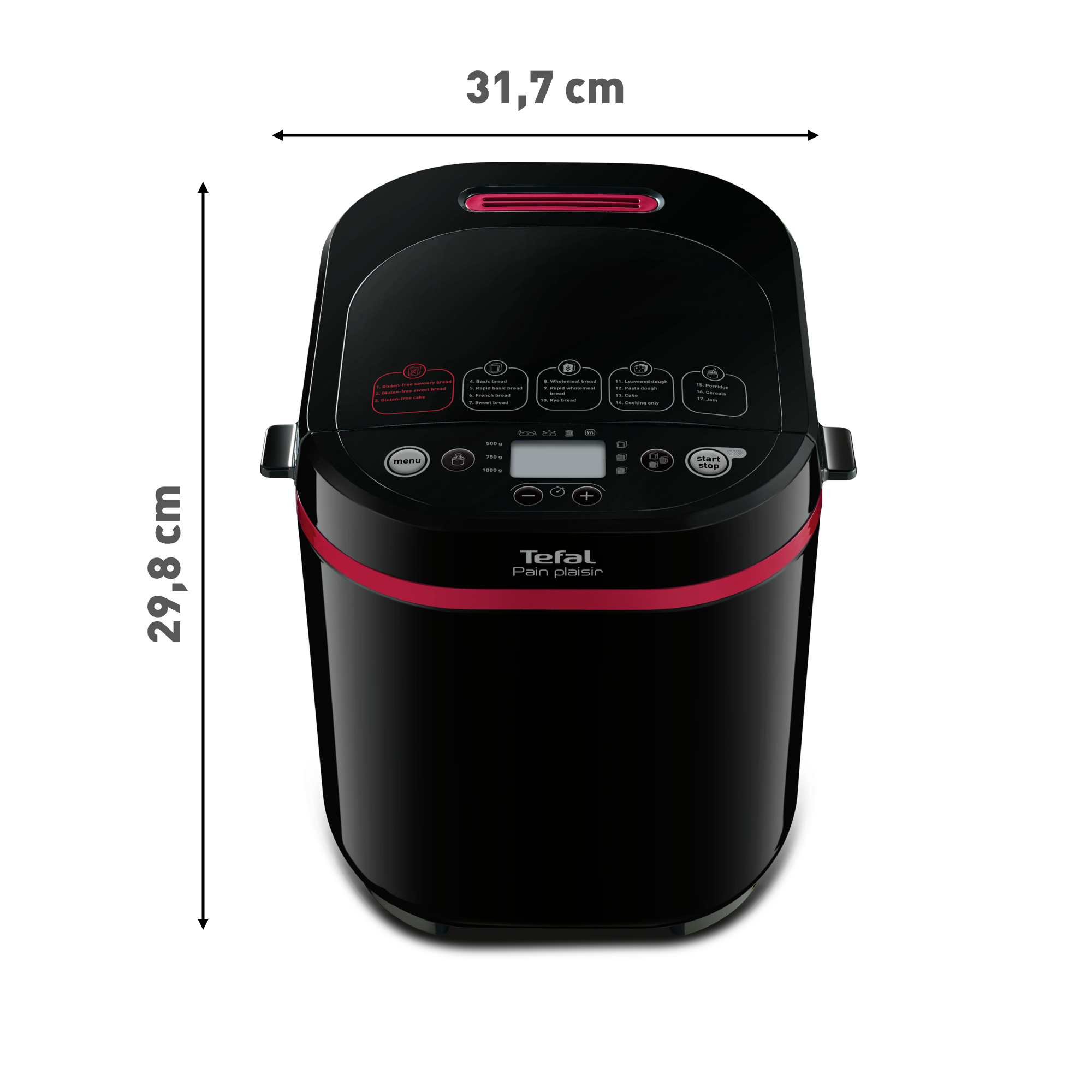 Fekete Tefal kenyérsütő piros részletekkel, 31,7 cm széles és 29,8 cm magas.