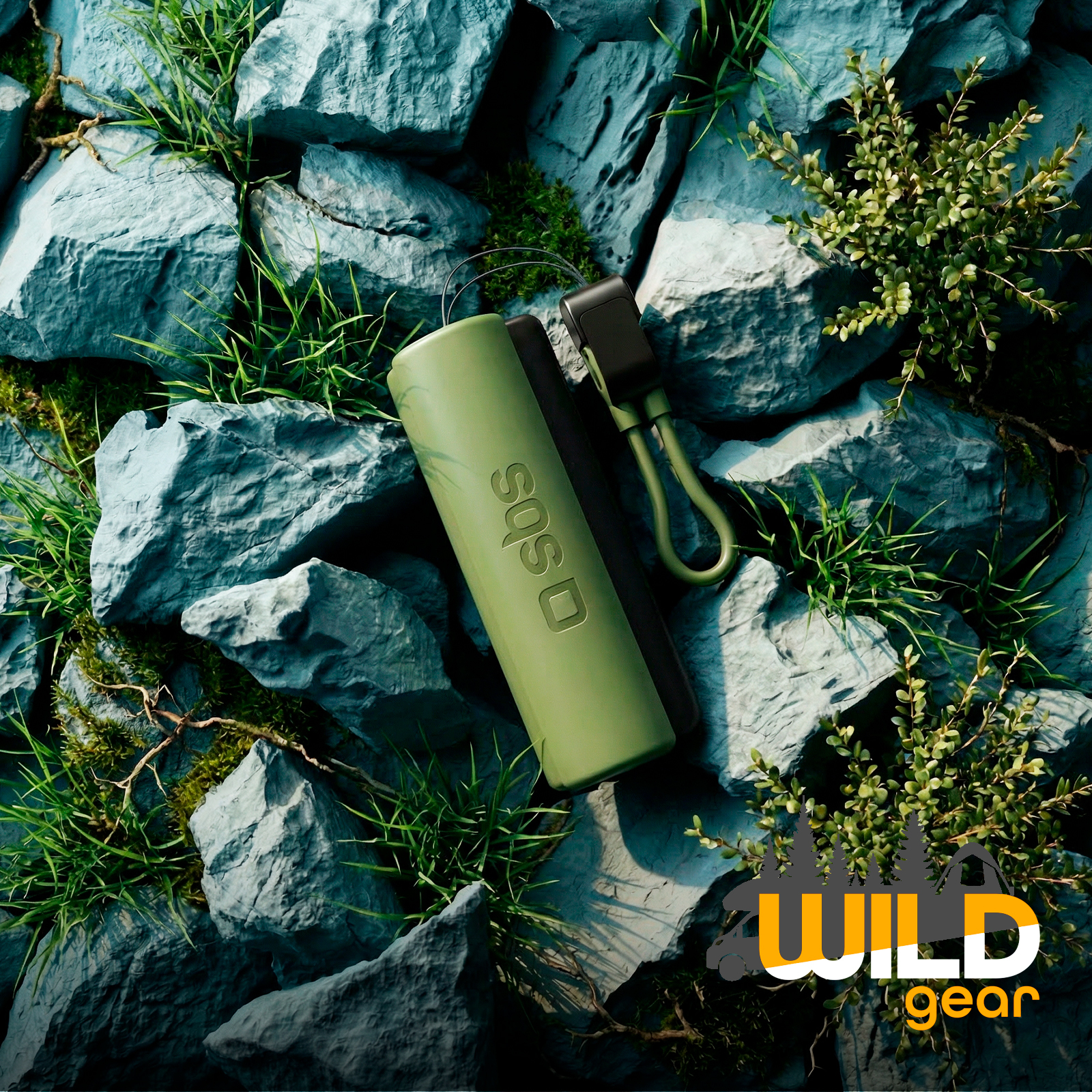 Oliwkowy głośnik z paskiem leży na niebieskich skałach i mchu, z logo Wild Gear.