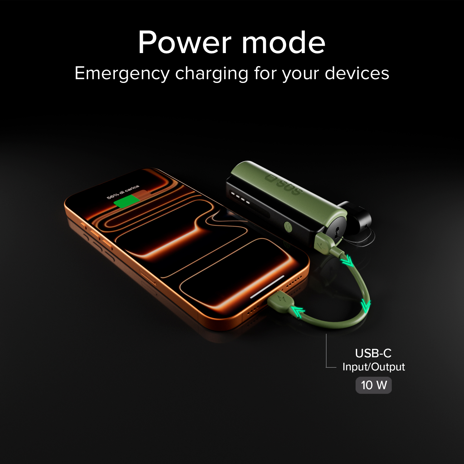 Zielony powerbank SOS ładuje smartfon za pomocą kabla USB-C na czarnym tle.