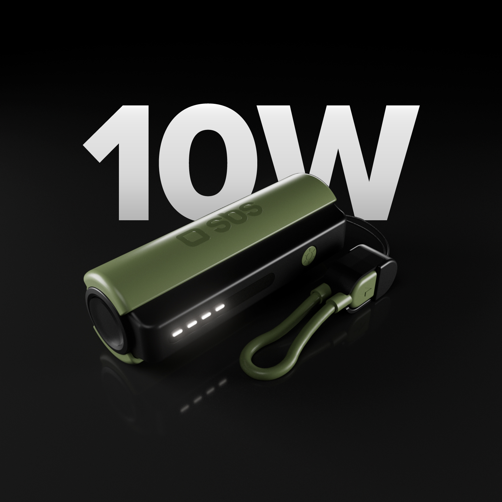 Zielono-czarny powerbank 10W z kablem ładowania na ciemnym tle.