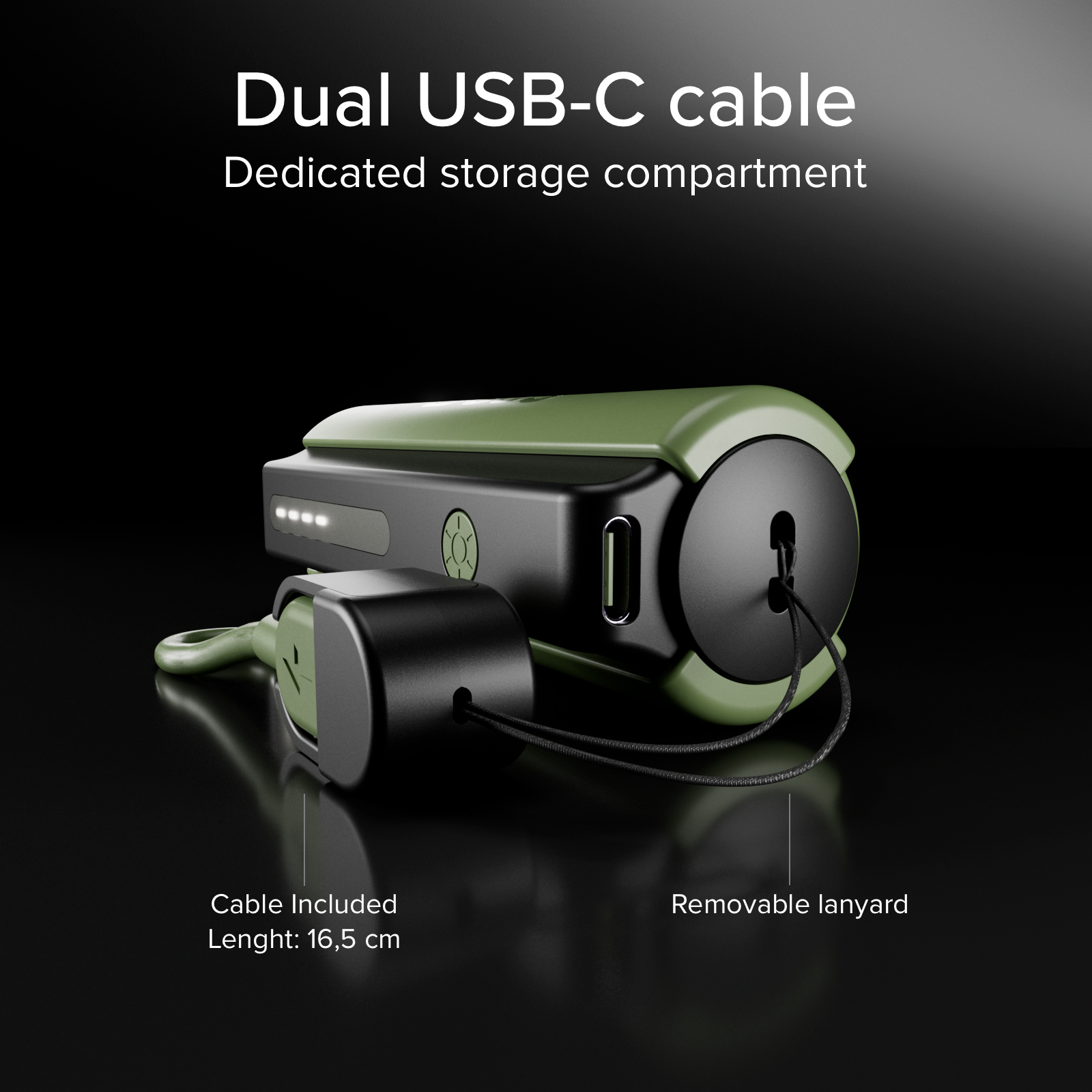 Zielona ładowarka przenośna z portem USB-C, dołączonym kablem i odpinaną smyczą na czarnym tle.
