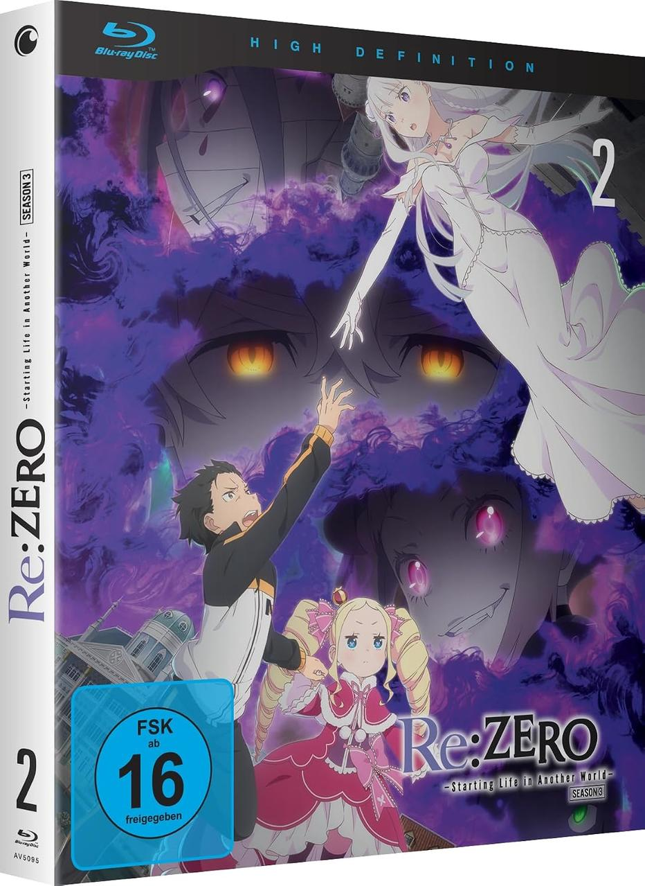 Blu-ray-Hülle von Re:Zero, Staffel 3, Band 2, mit Anime-Charakteren vor violettem Hintergrund und FSK-16-Logo.