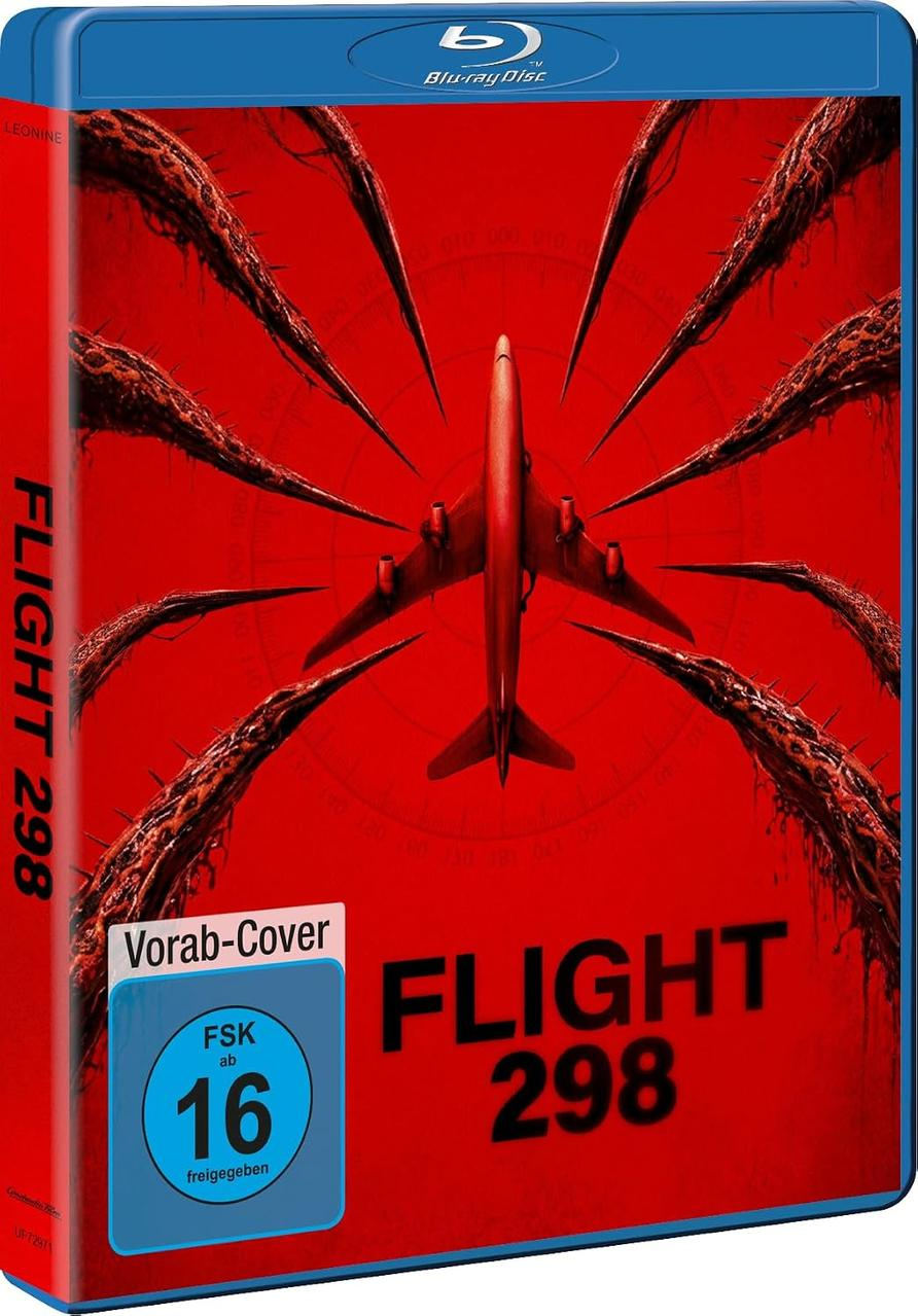 Blu-ray-Hülle von Flight 298 in Rot, mit einem Flugzeug und spinnenartigen Ranken.